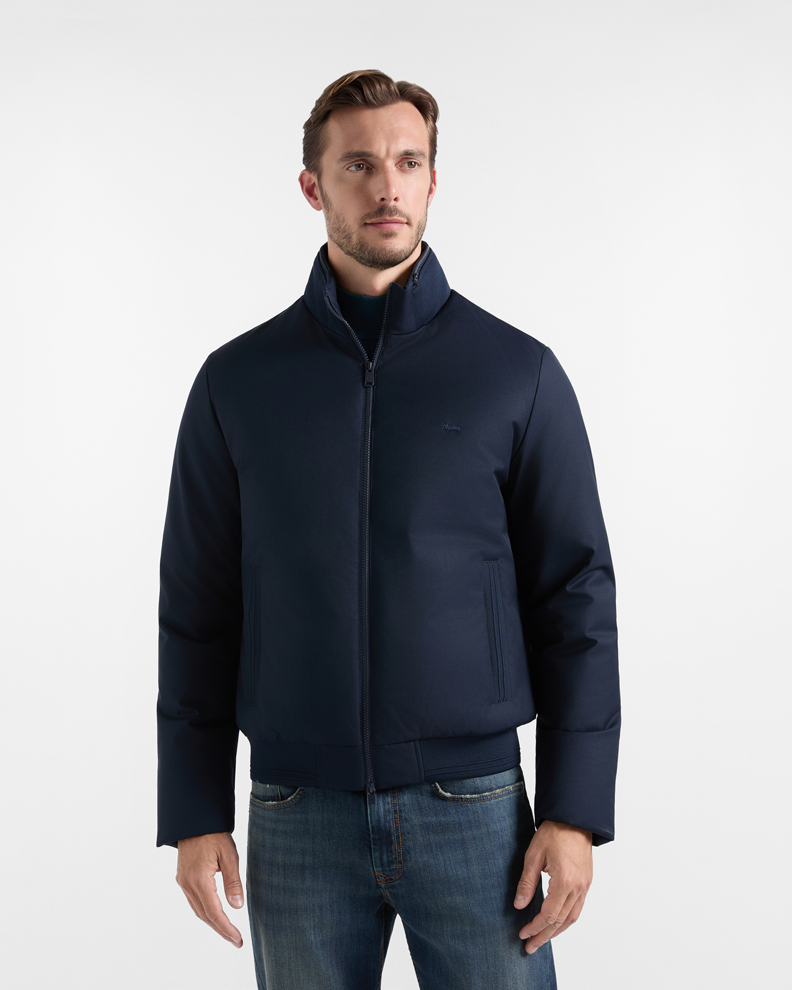 Men&rsquo;s padded bomber jacket in navy blue technical wool blend