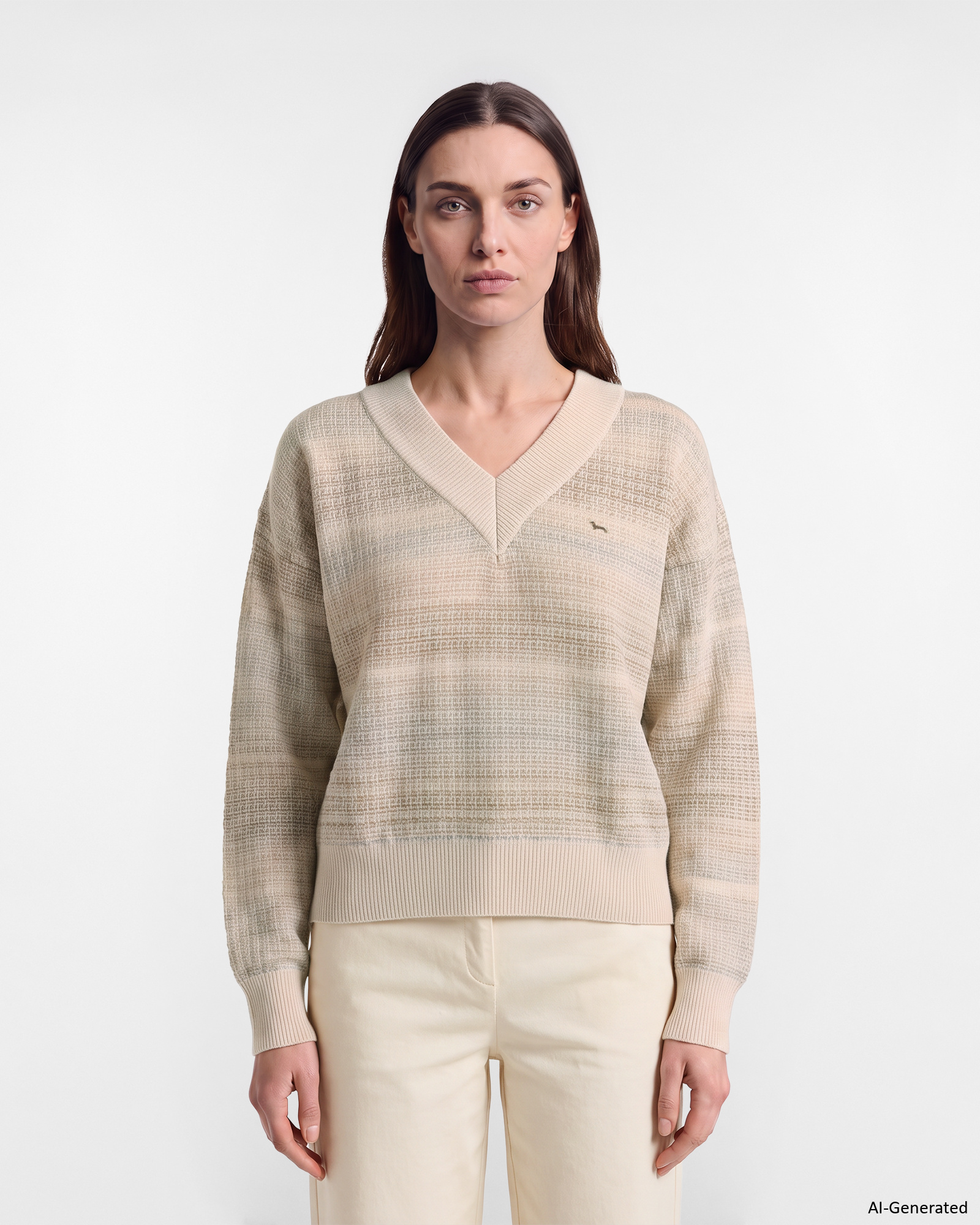 Pullover Donna con scollo a V profondo in 100% pura lana beige Made in Italy