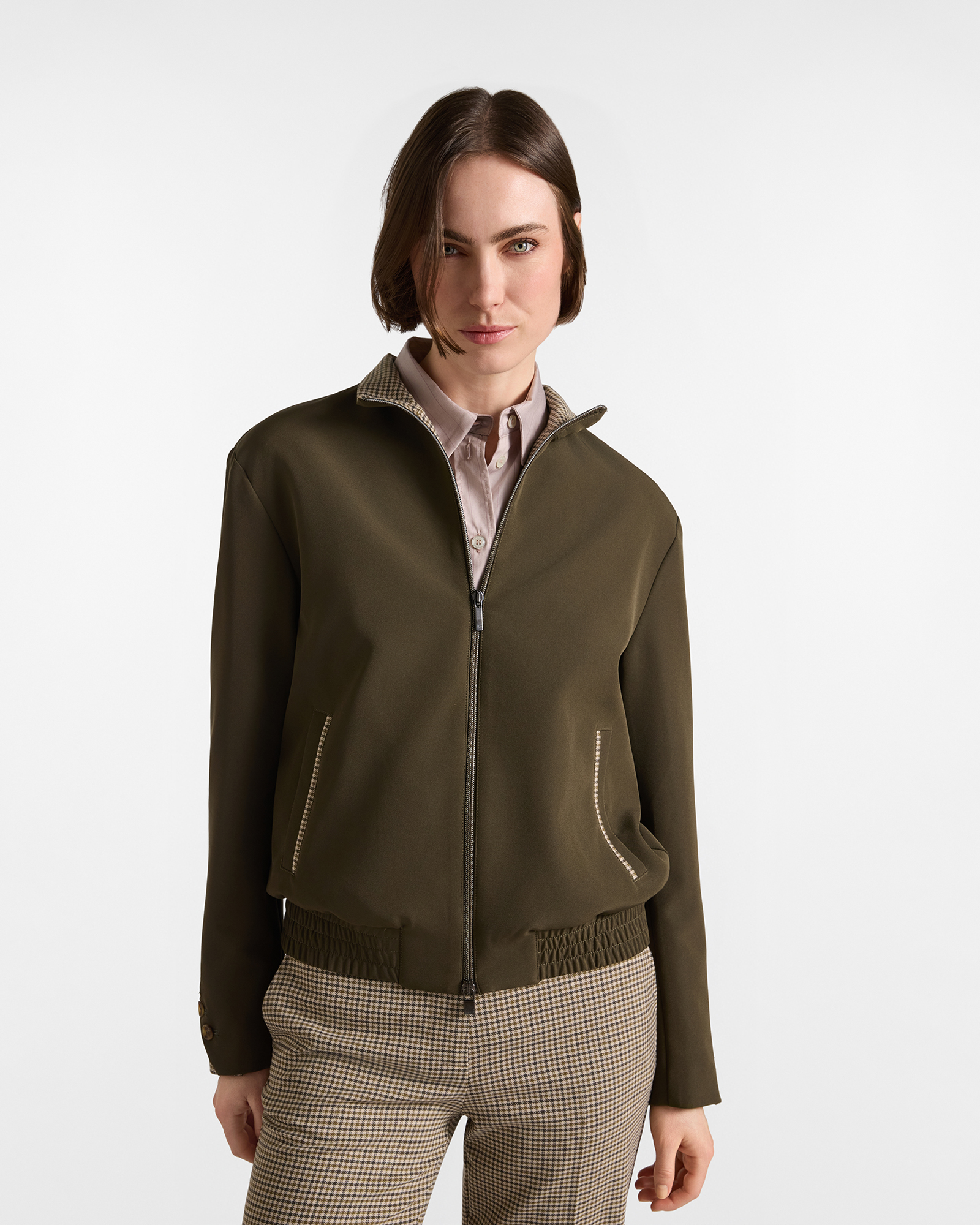 Women's military green bomber jacket with micro-gingham inserts, Made in Italy