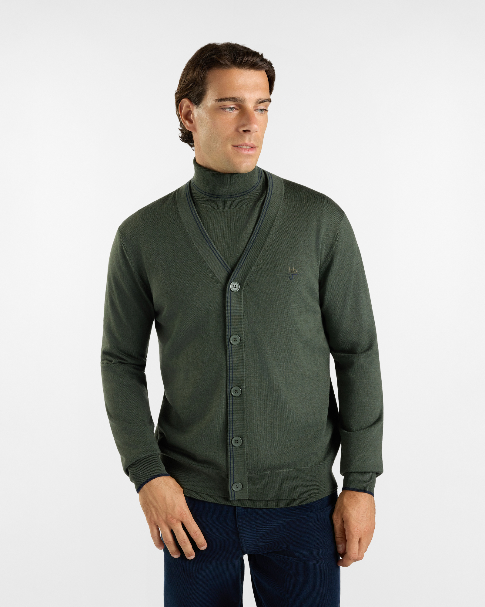 Cardigan HBJ Uomo in pura lana Merino verde