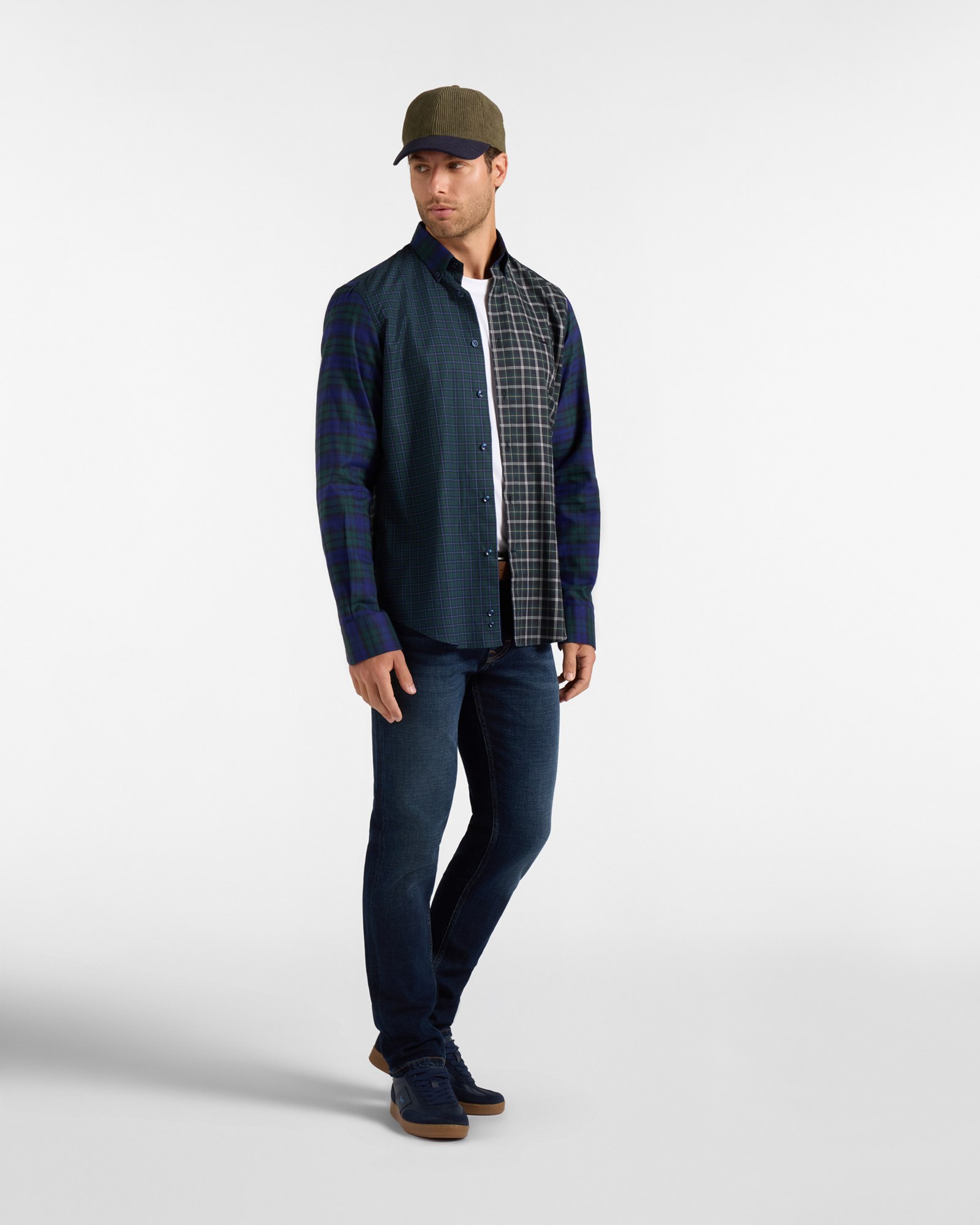 Men's regular-fit Made in Italy Piazzetta shirt in patchwork check flannel, BOTTLE GREEN, large
