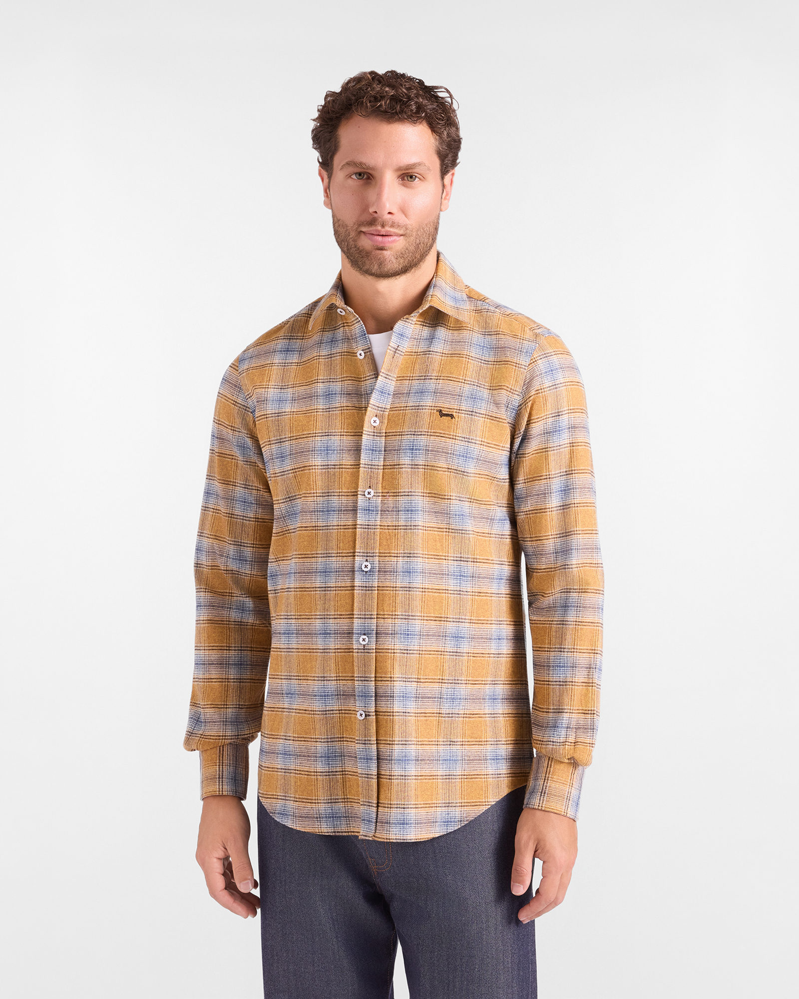 Camisa de hombre de algod&oacute;n con estampado de cuadros amarillos