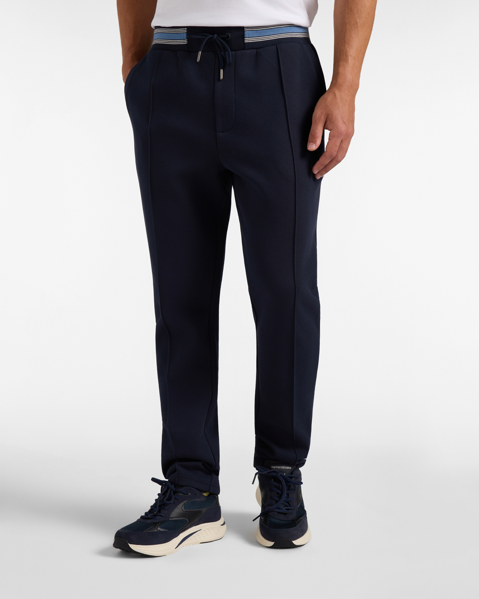 Men's blue piqu&eacute; fleece trousers with striped waistband