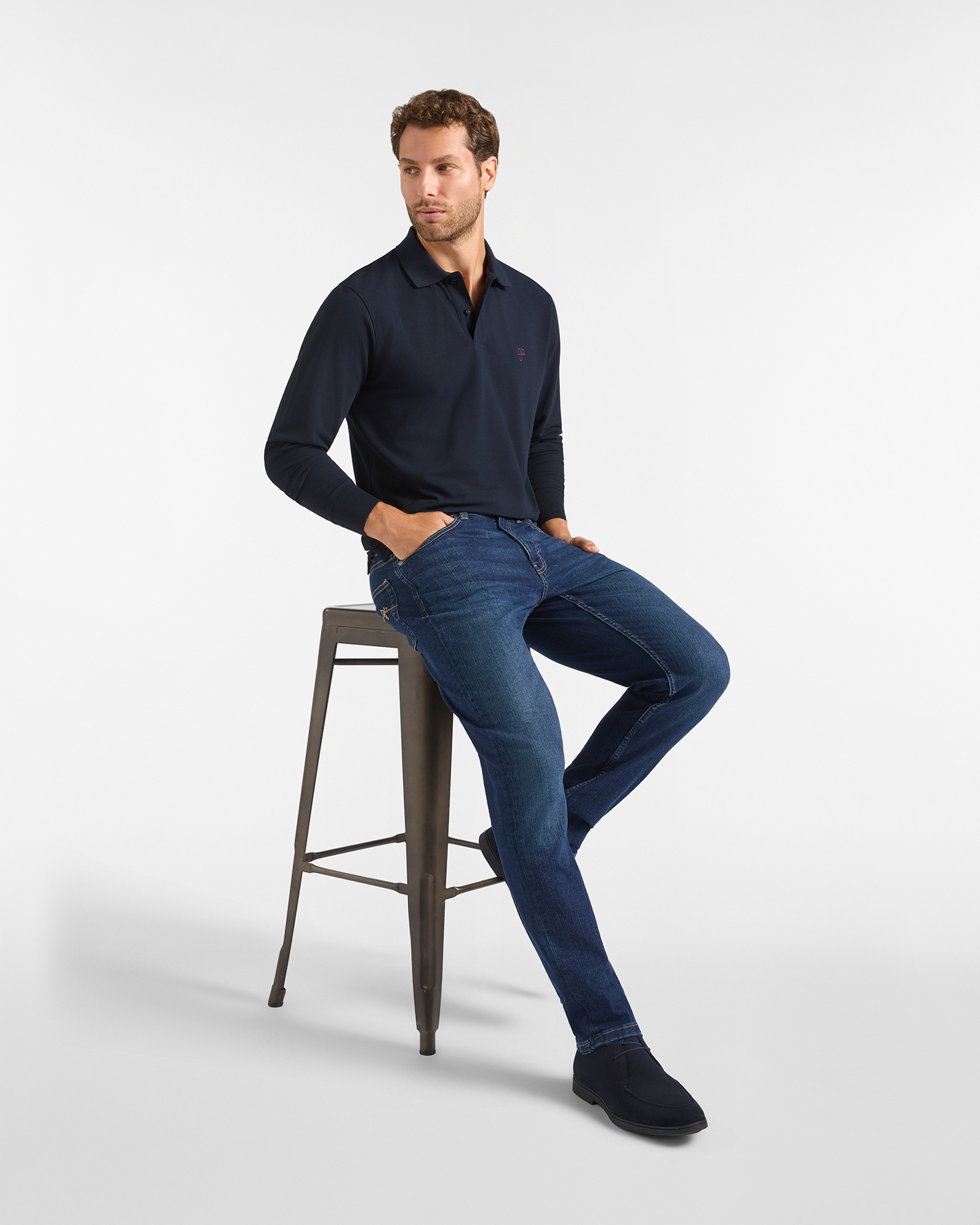 Polo HBJ Uomo Manica Lunga in Cotone Piquet, BLU SCURO, large