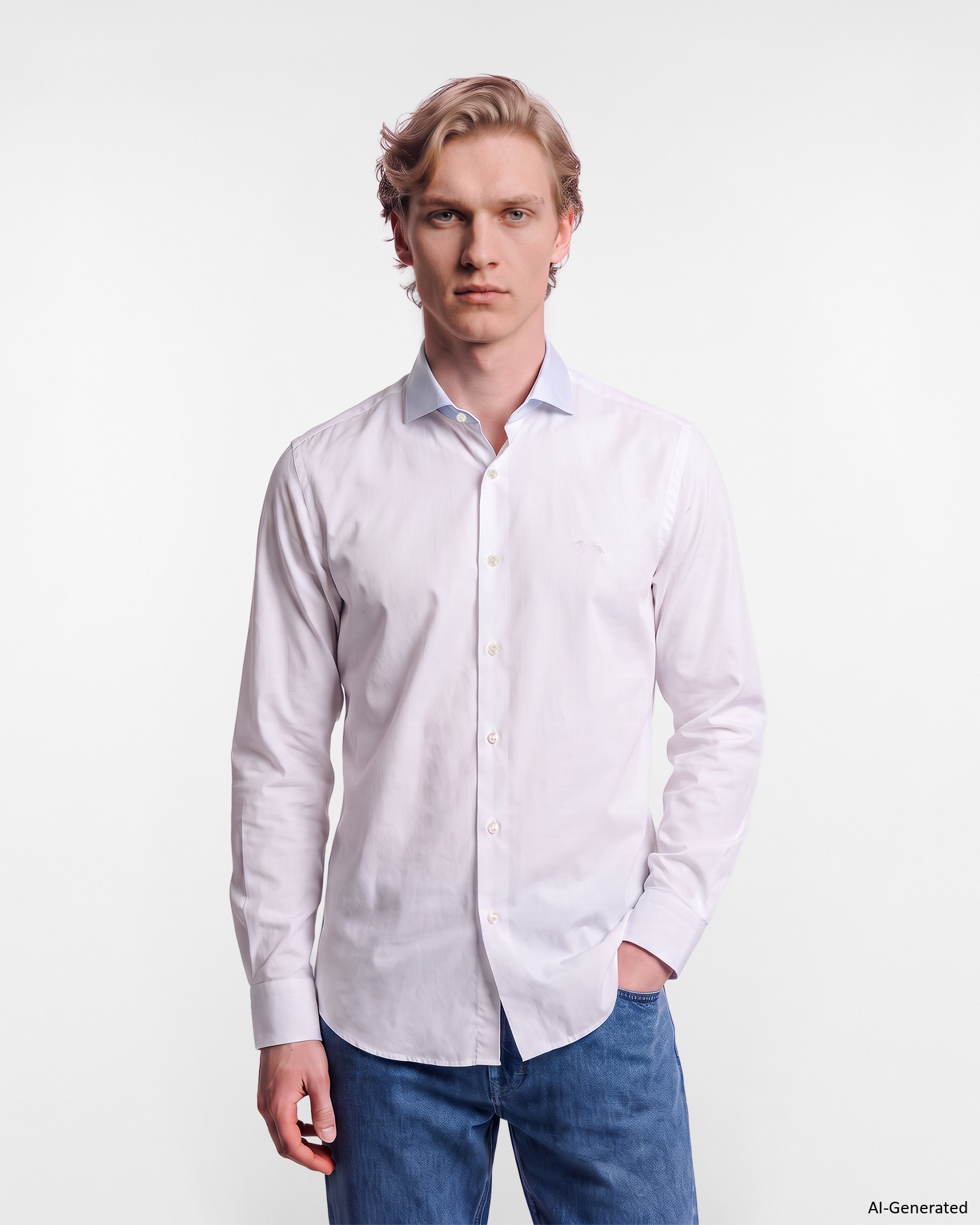 Camisa de hombre de popel&iacute;n el&aacute;stico, color liso, corte ce&ntilde;ido, color blanco