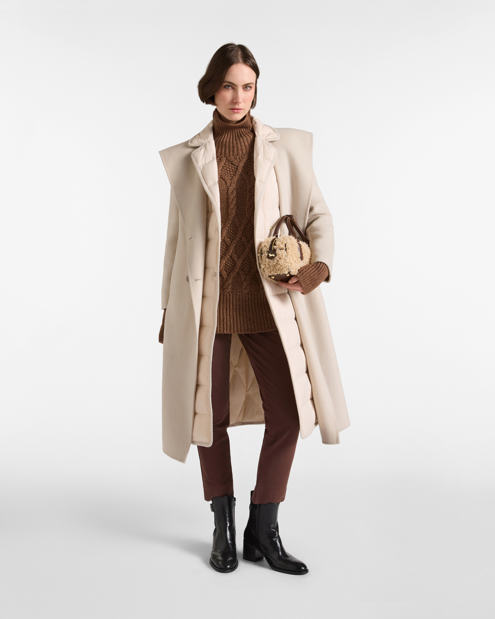 Capospalla Donna coat doppio petto con parti trapuntate in puro lana, TORTORA, large