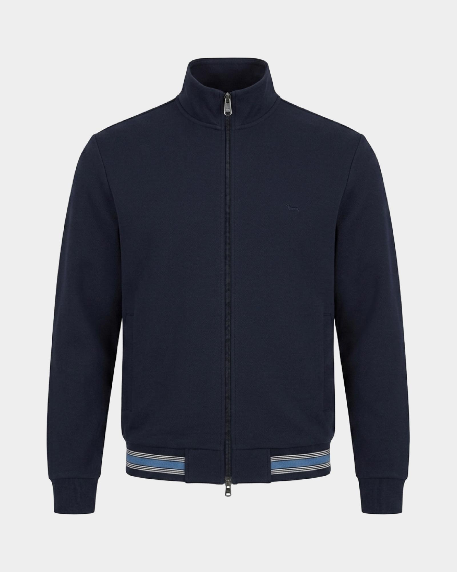 Men's  full-zip piqu&eacute; sweatshirt with striped details, NAVY BLUE, large