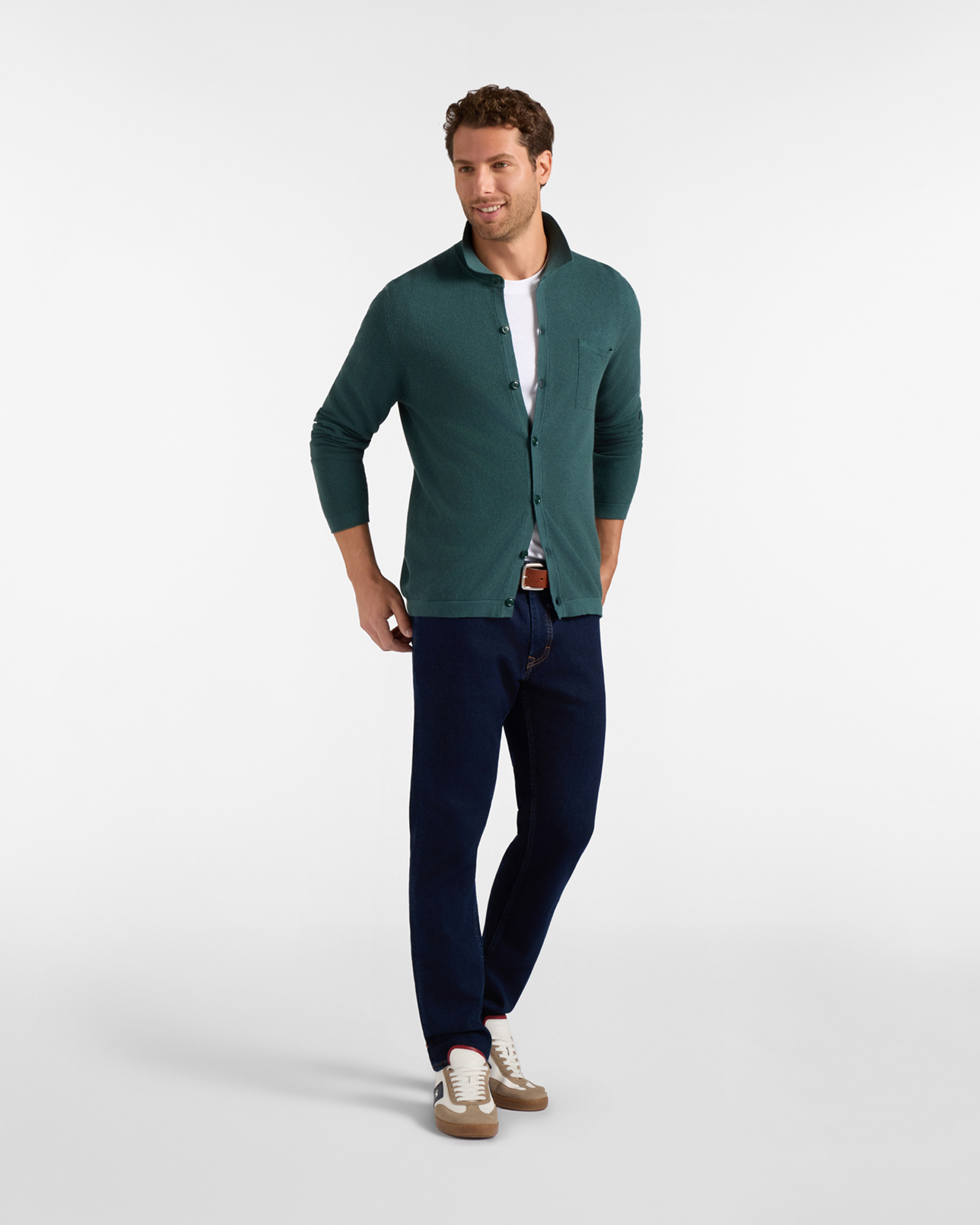 Men's Made in Italy buttoned polo shirt collar sweater in  wool and cotton blend with regular fit, BOTTLE GREEN, large