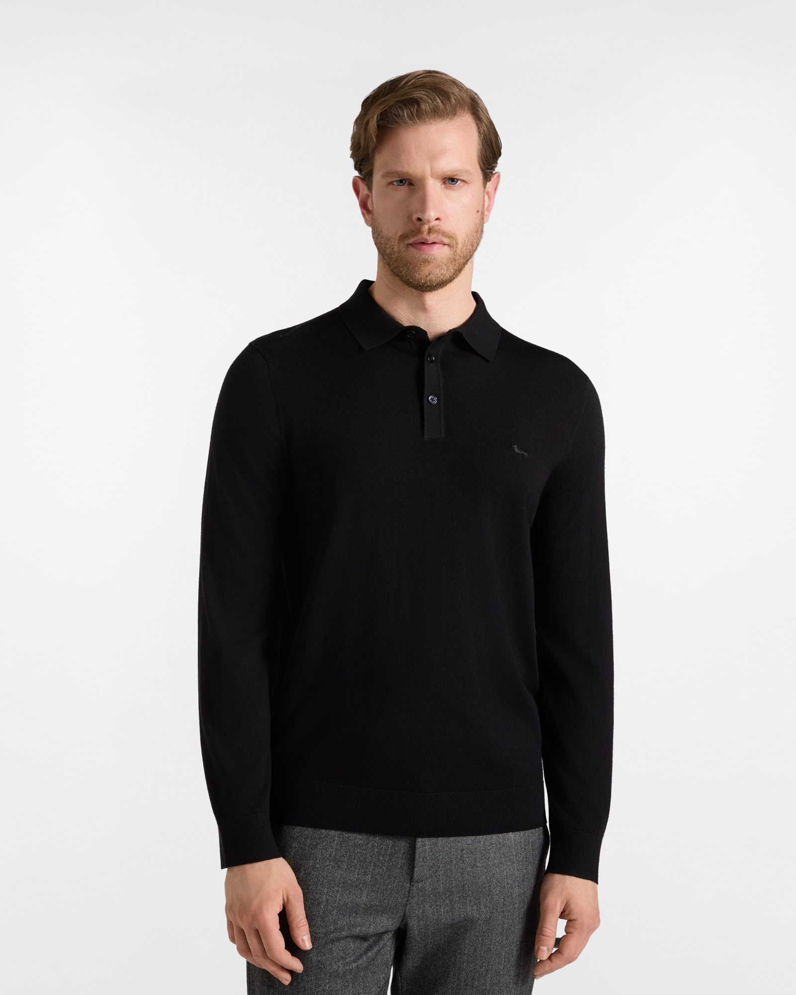 Men's buttoned polo shirt collar sweater in black 100% pure wool with regular fit