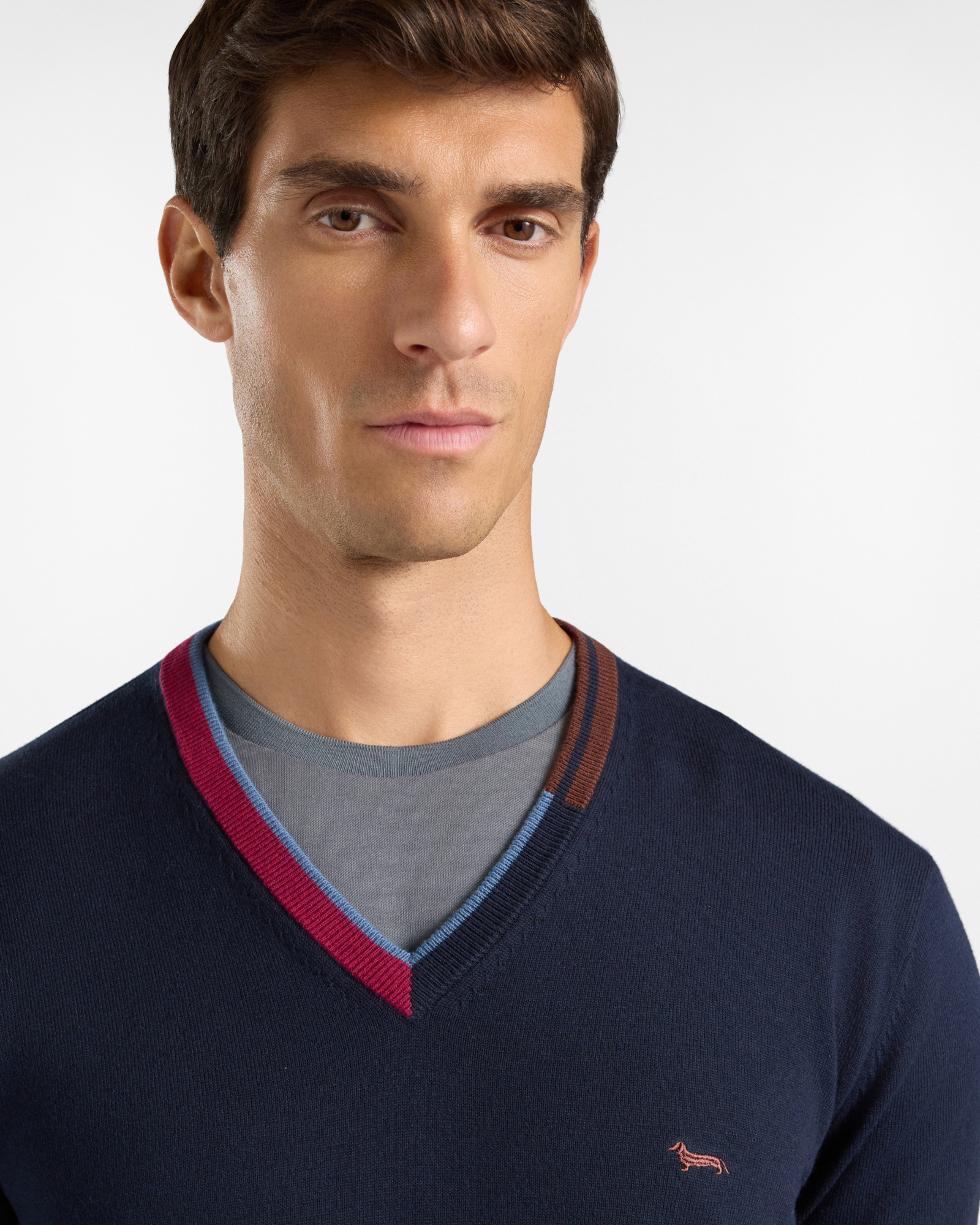 Men's regular fit V-neck sweater in a wool and cotton blend, NAVY BLUE, large