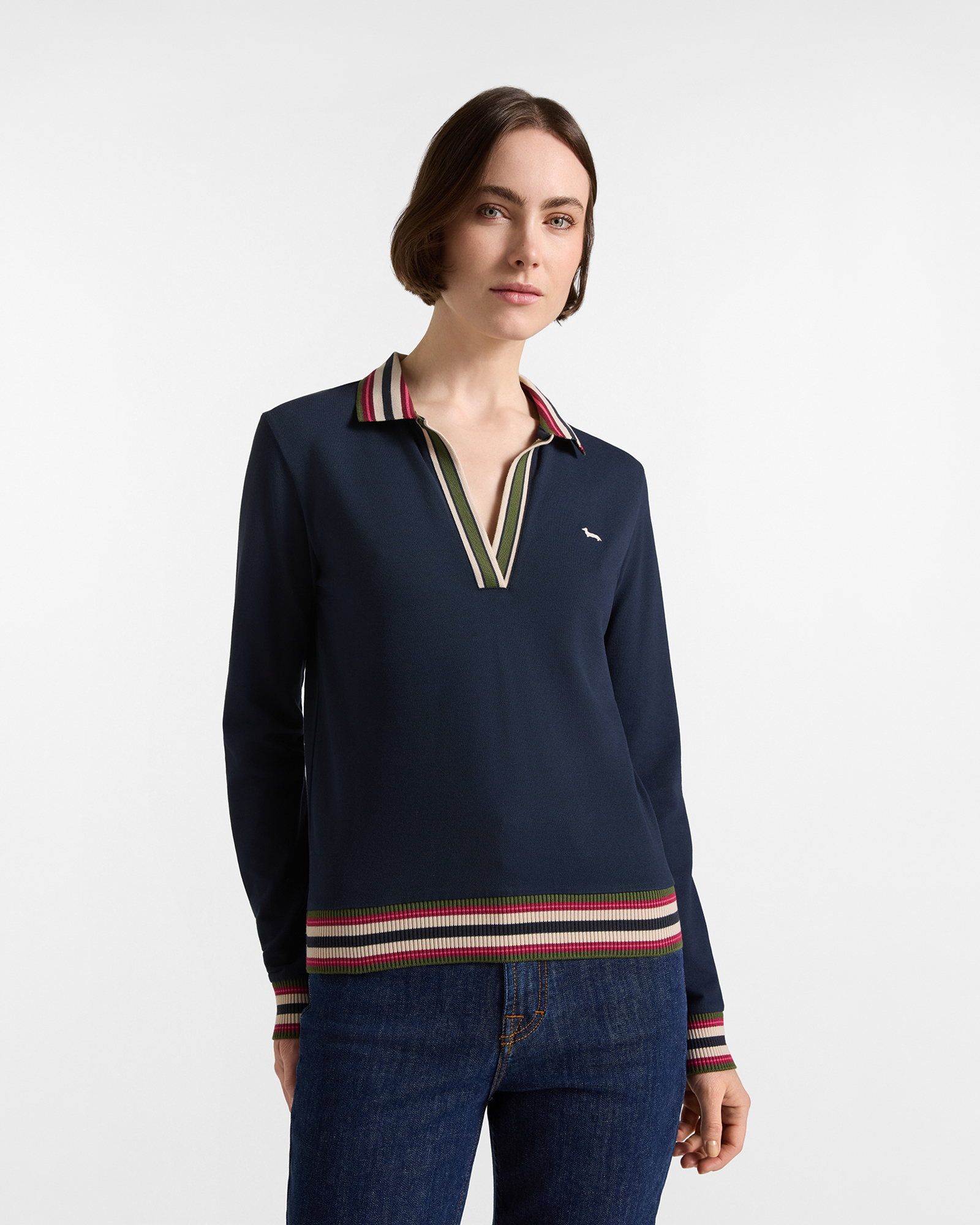 Polo da donna manica lunga con scollo a V in cotone stretch blu