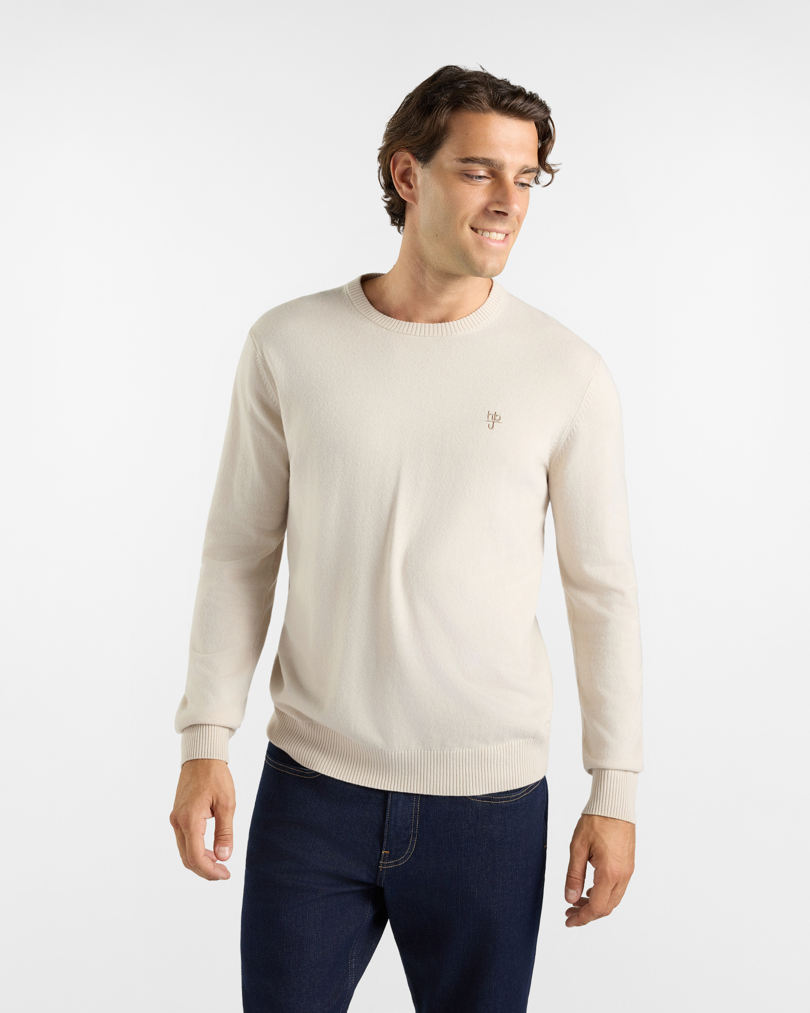 Men&rsquo;s HBJ carded knit jumper with patches, crew neck in natural white wool and cashmere blend