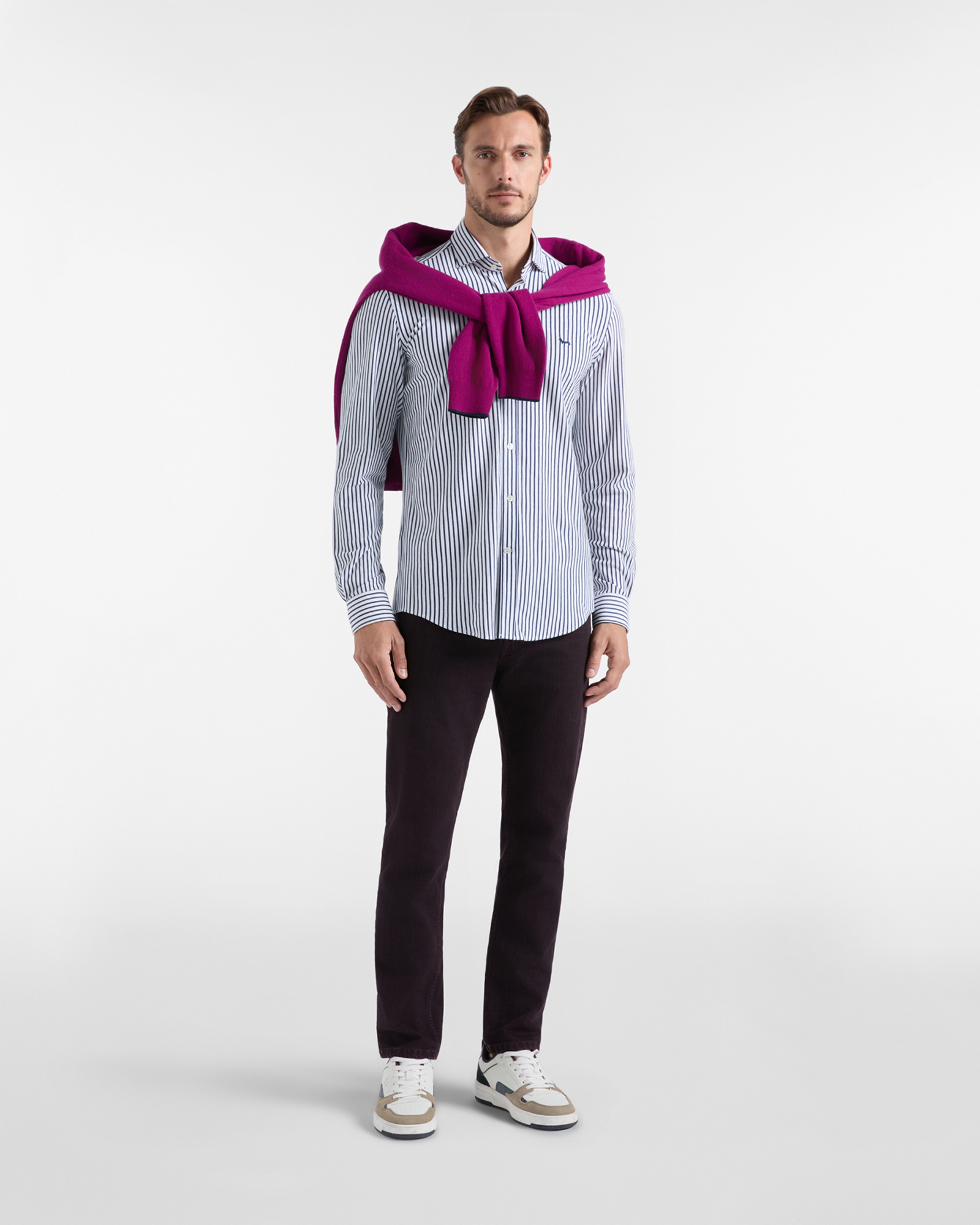 Men's narrow-fit dark  yarn-dyed striped piqu&eacute;, OCEAN, large