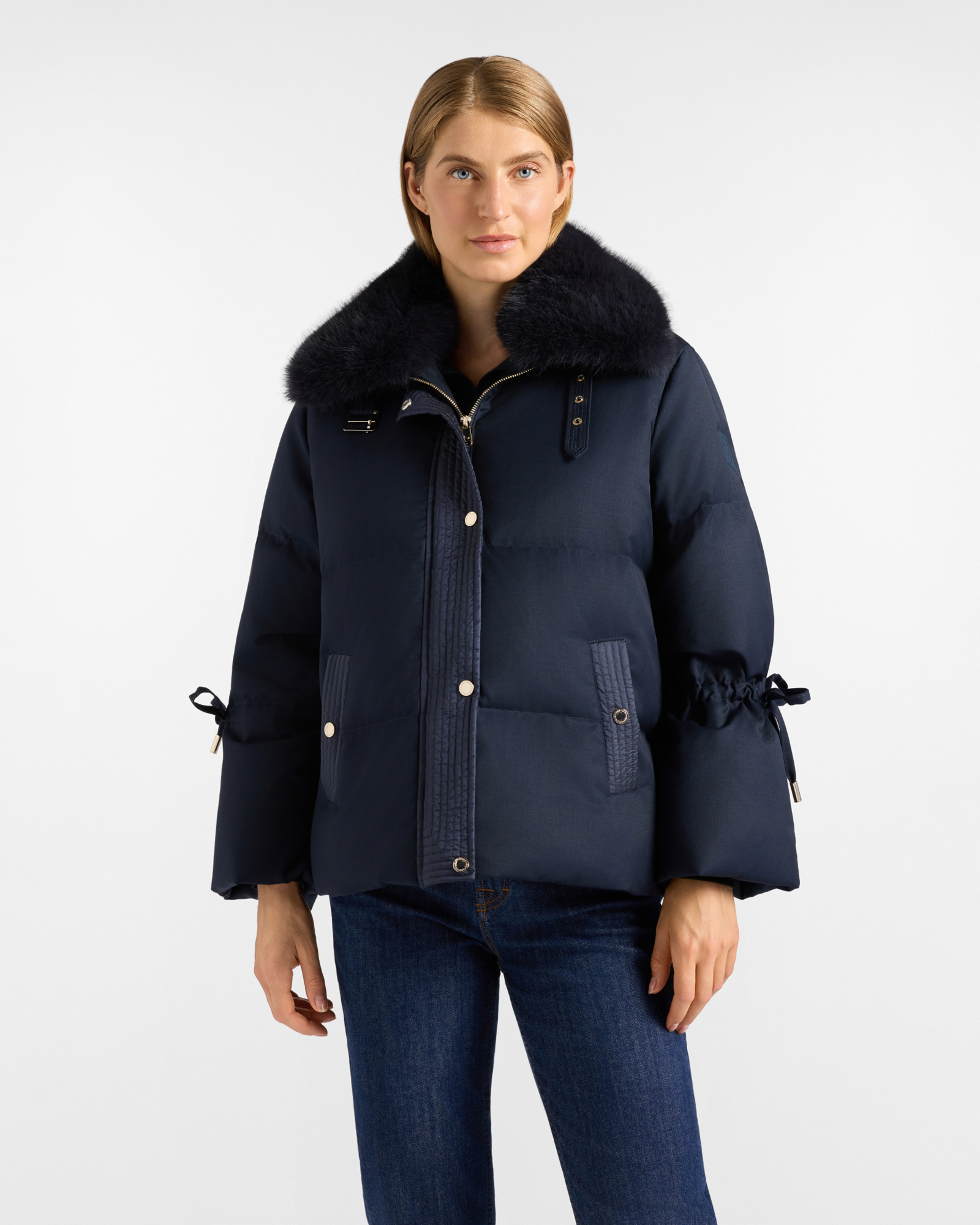 Piumino Donna over in lana tecnica blu navy con imbottitura in piuma