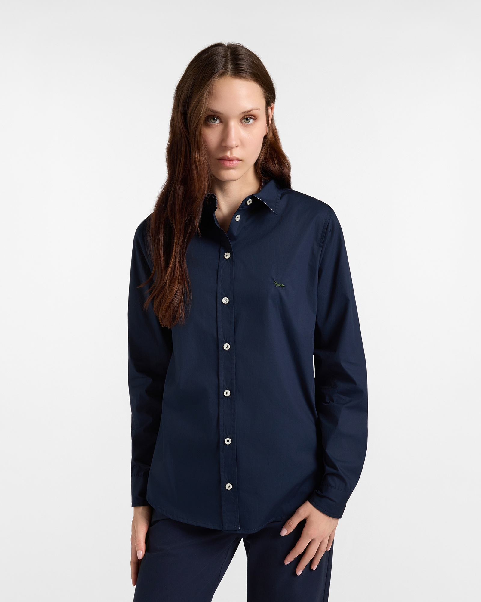 Camicia Donna Tinta Unita con Dettagli Tessuto Cravatteria blu