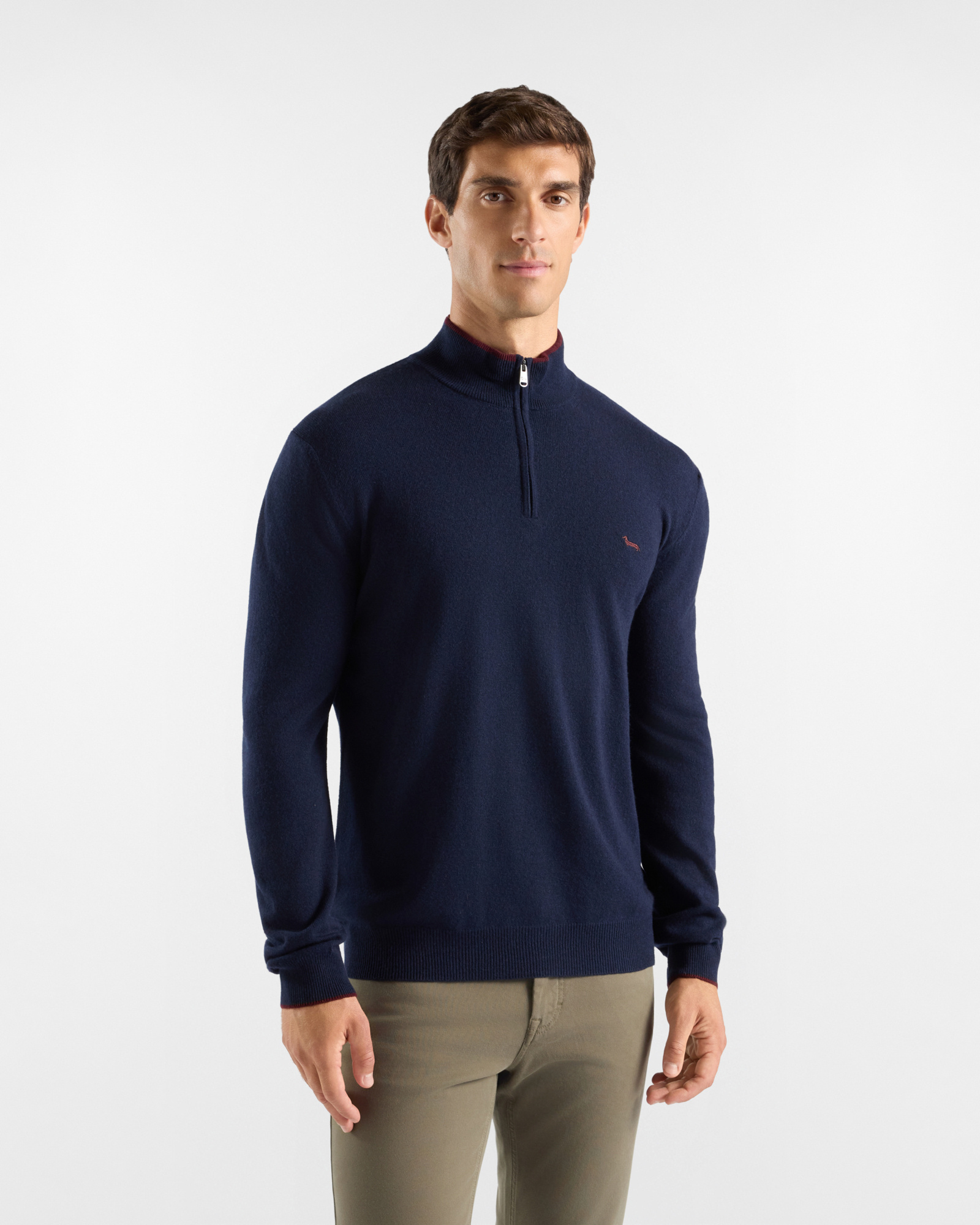 Maglia Uomo con collo alto half zip in misto lana blu Regular Fit