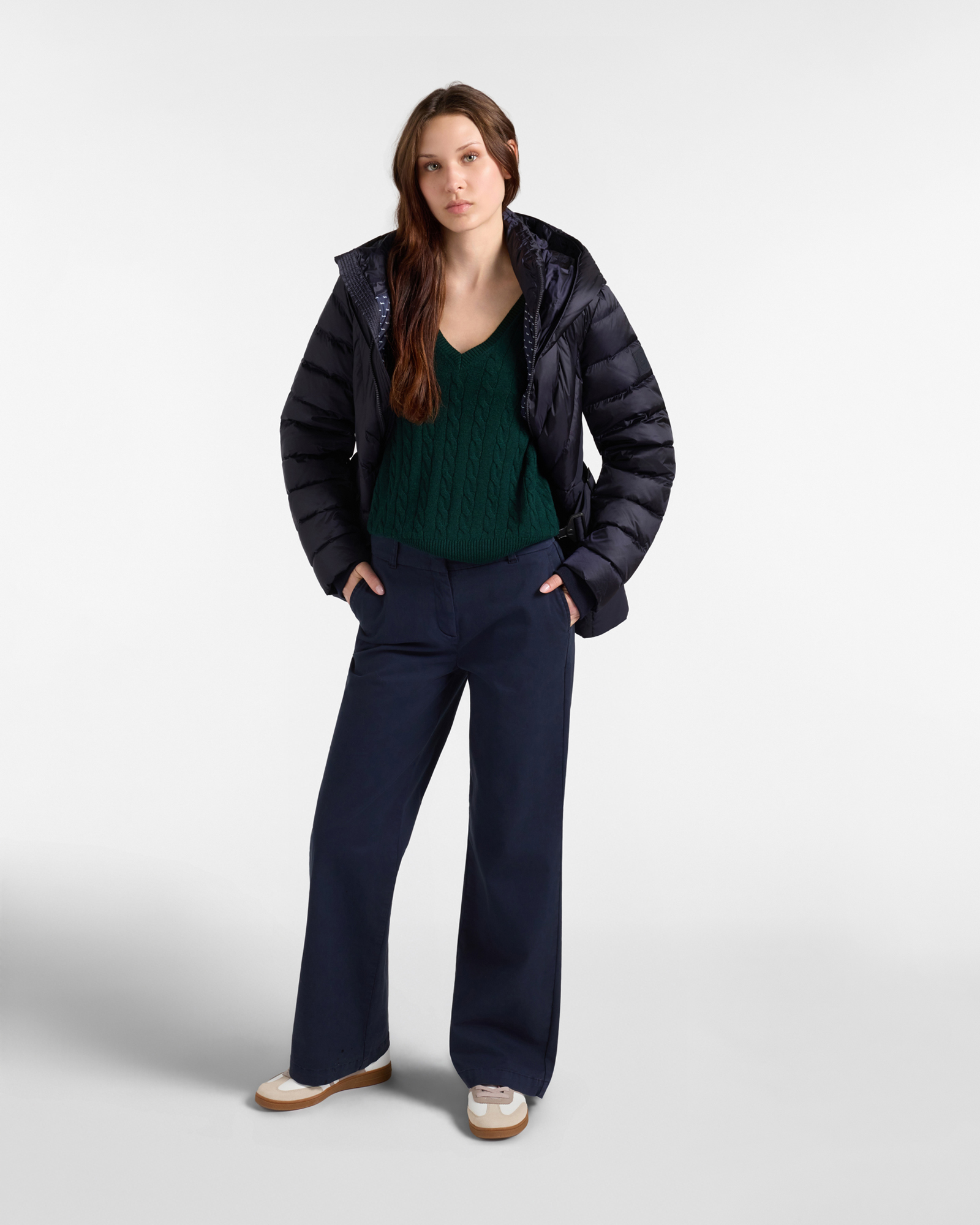 Chaqueta de plum&oacute;n para mujer con doble cuello y capucha, confeccionada en nailon t&eacute;cnico, AZUL, large