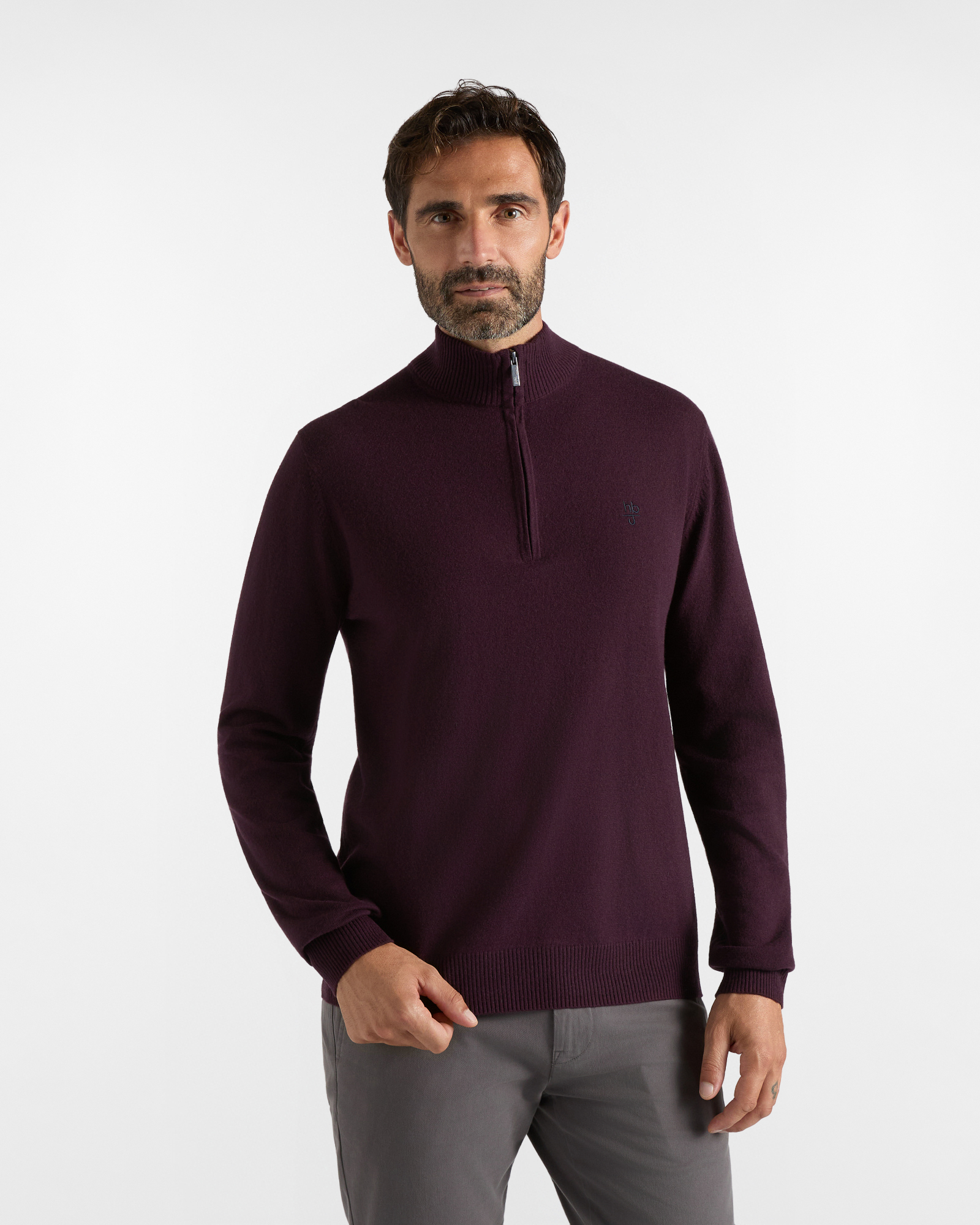 HBJ Men&rsquo;s Half-Zip Carded Knit in a Wool and Cashmere Blend &ndash; Plum