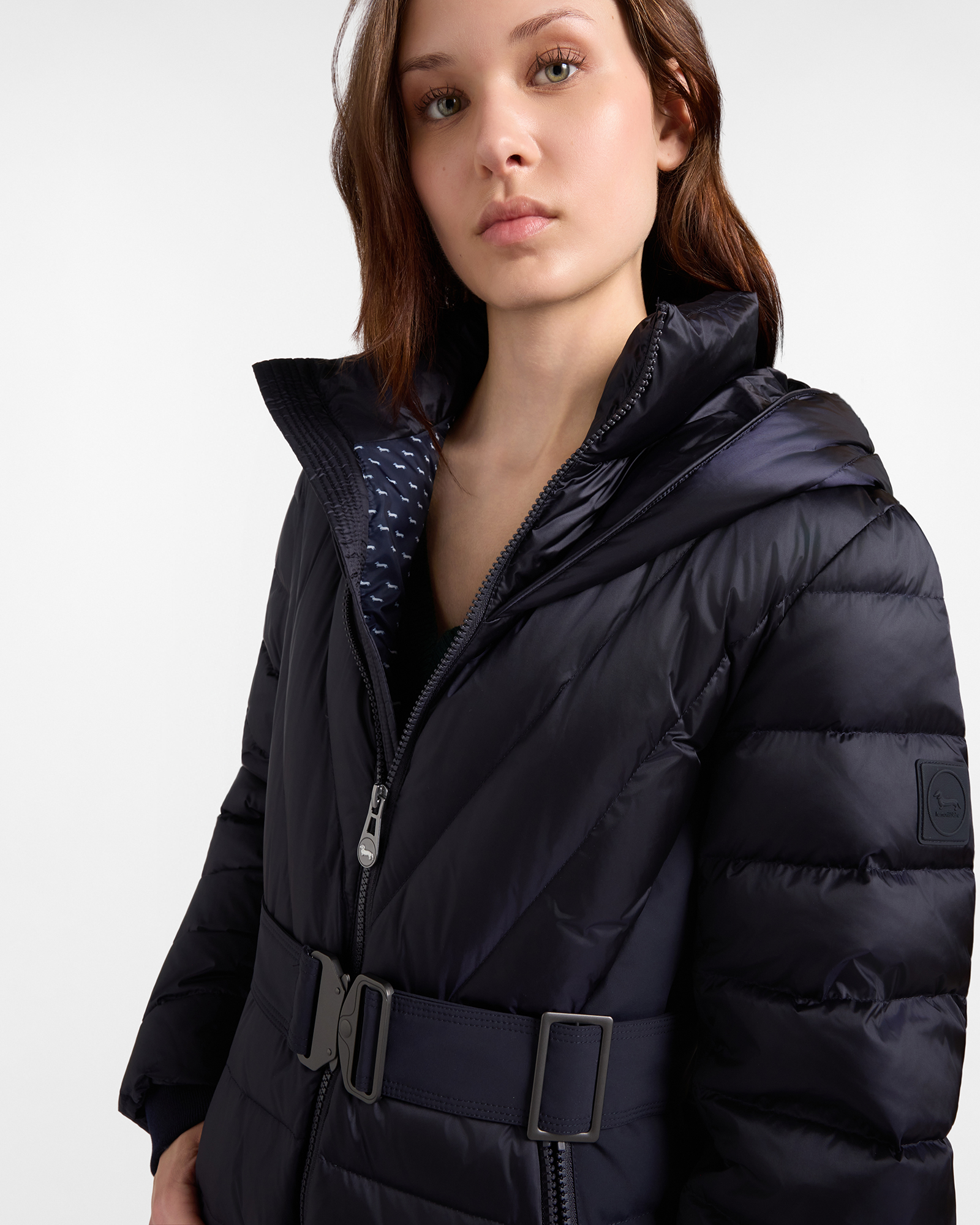 Chaqueta de plum&oacute;n para mujer con doble cuello y capucha, confeccionada en nailon t&eacute;cnico, AZUL, large