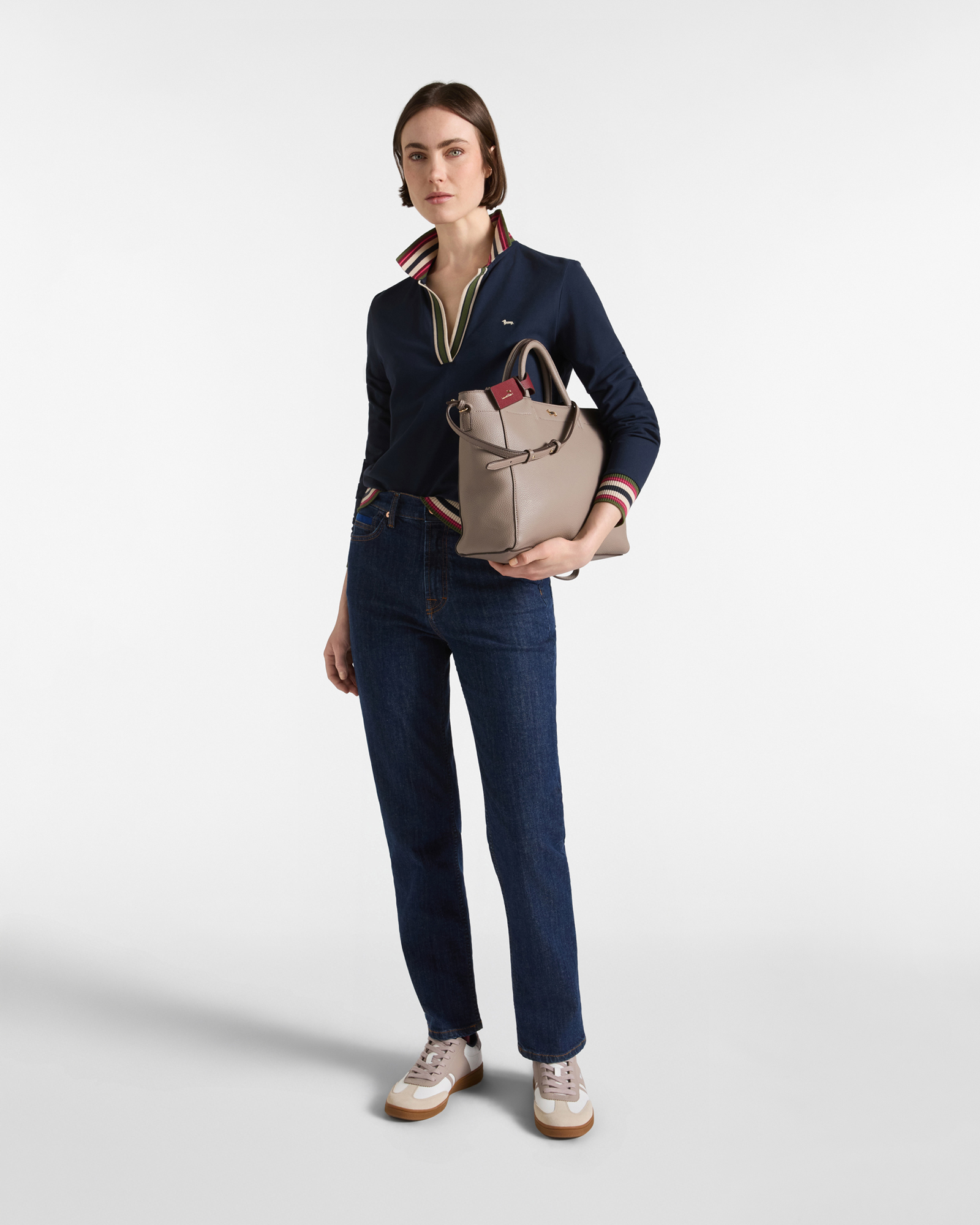 Polo para mujer de manga larga con escote en V de algod&oacute;n el&aacute;stico, AZUL, large