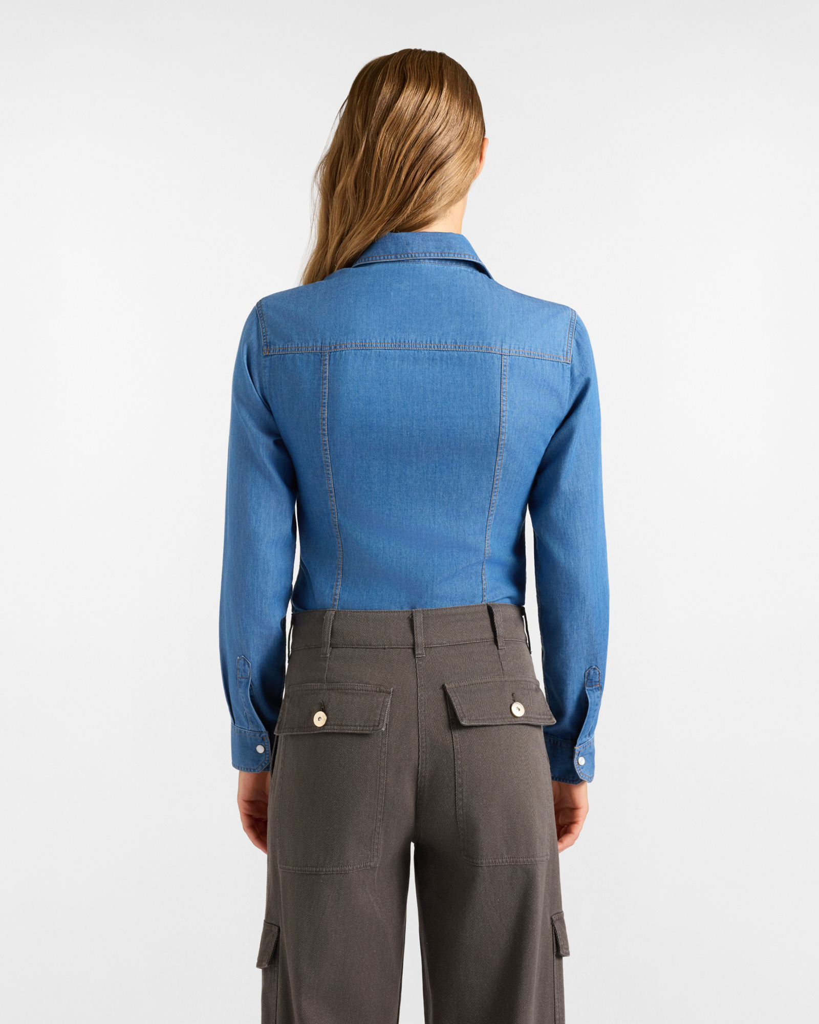Women's basic dark  denim shirt with chest pocket, DENIM BLUE, large