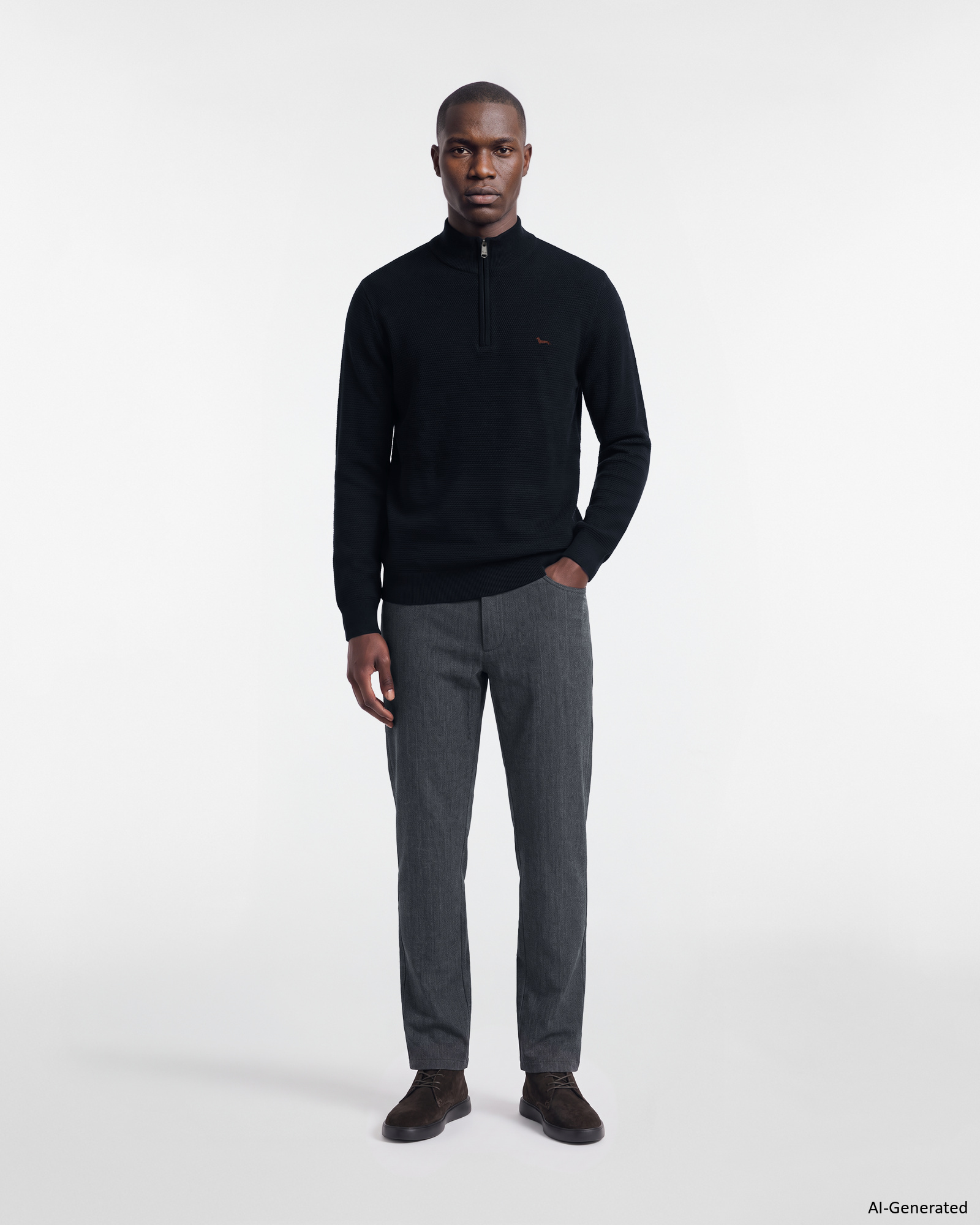 Men's regular fit sweater with half-zip stand-up collar in wool and cotton blend, NAVY BLUE, large