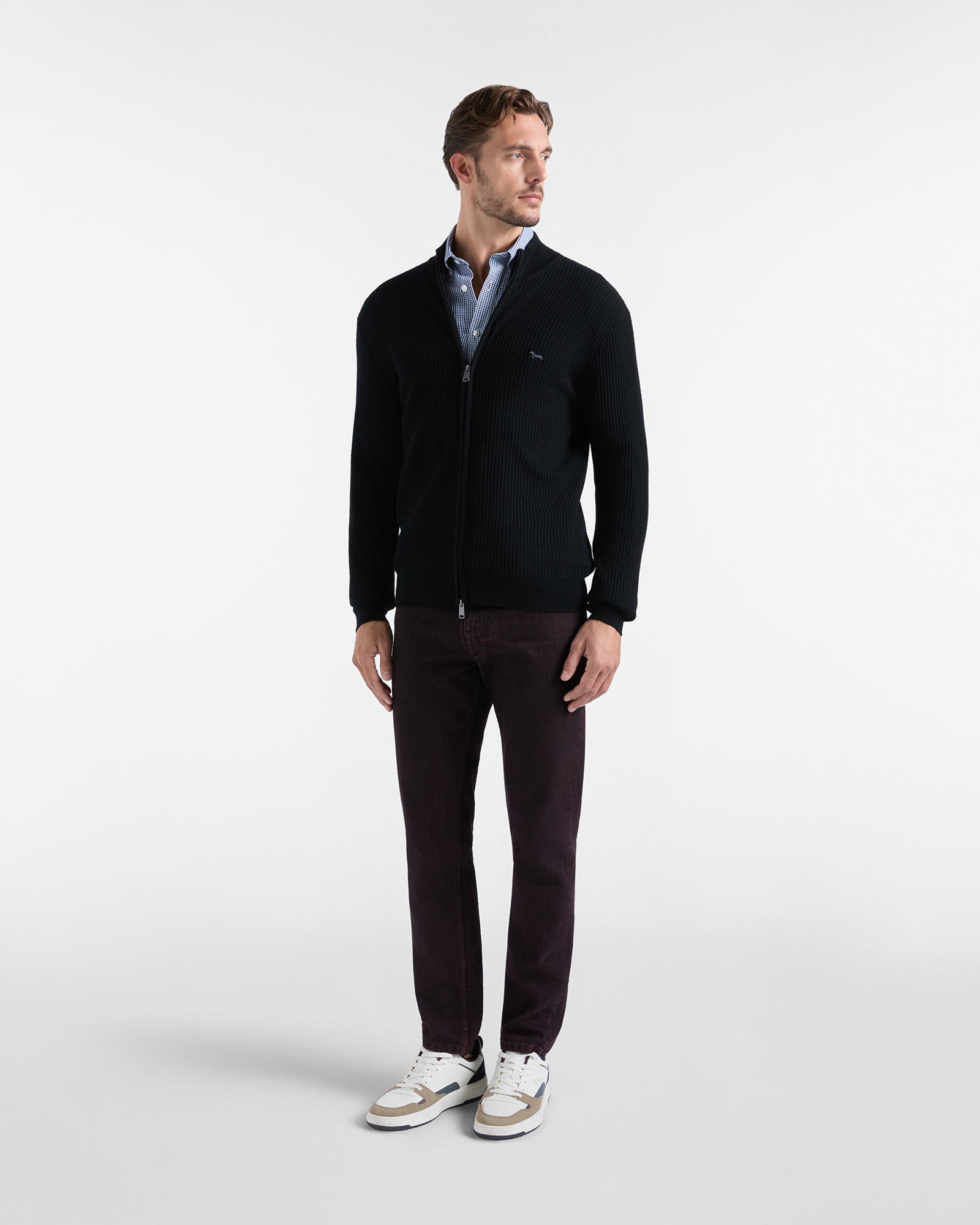 Men's regular fit sweater with full-zip stand-up collar in a wool and cotton blend, BLACK, large