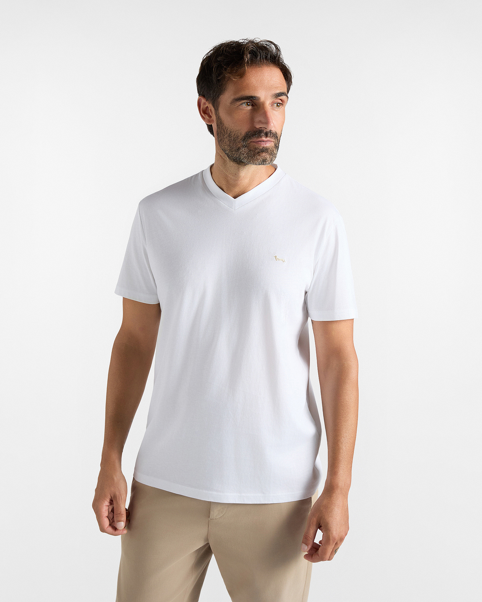Men's regular-fit white V-neck T-shirt in 100% pure cotton