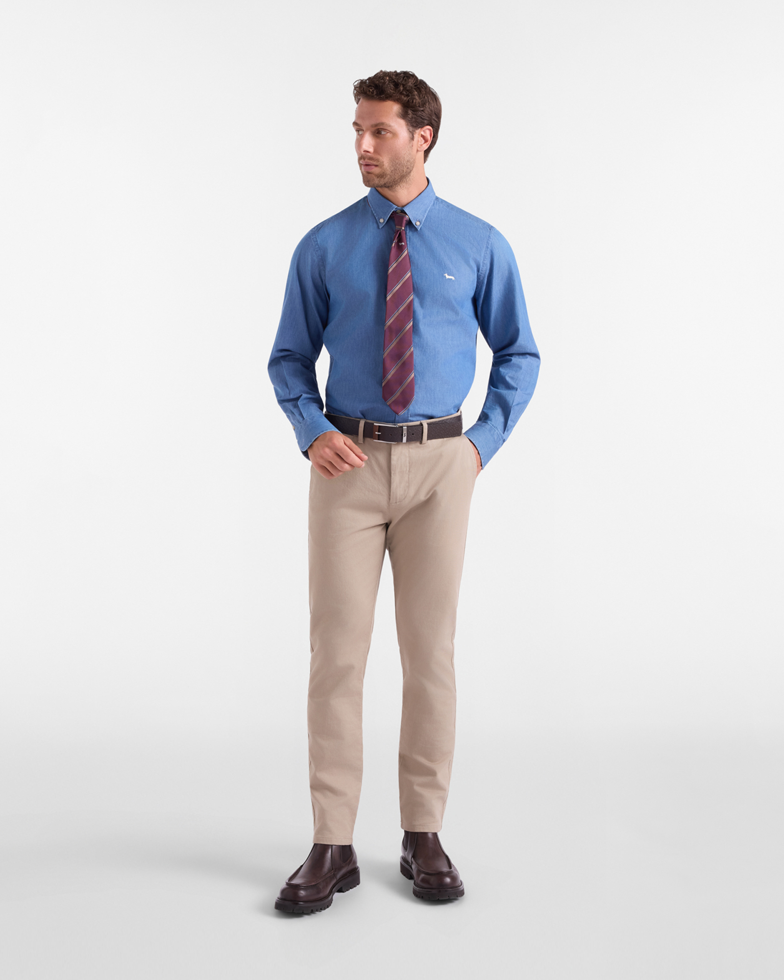 Men's regular-fit dark  denim shirt with button-down collar and rope topstitching, DENIM BLUE, large