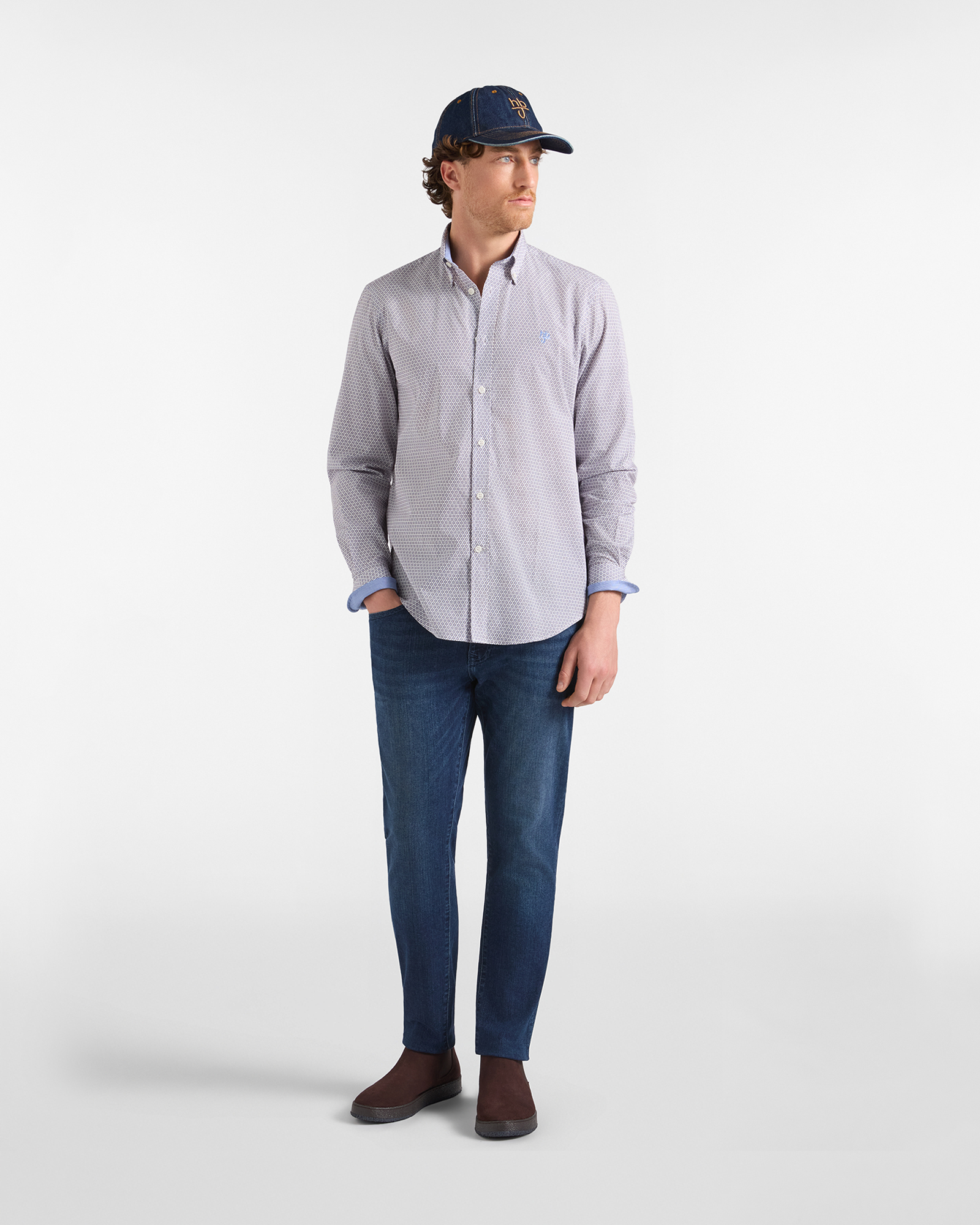 Camicia HBJ Uomo Regular Fit con collo Montecarlo in puro cotone microstampa, BIANCO, large