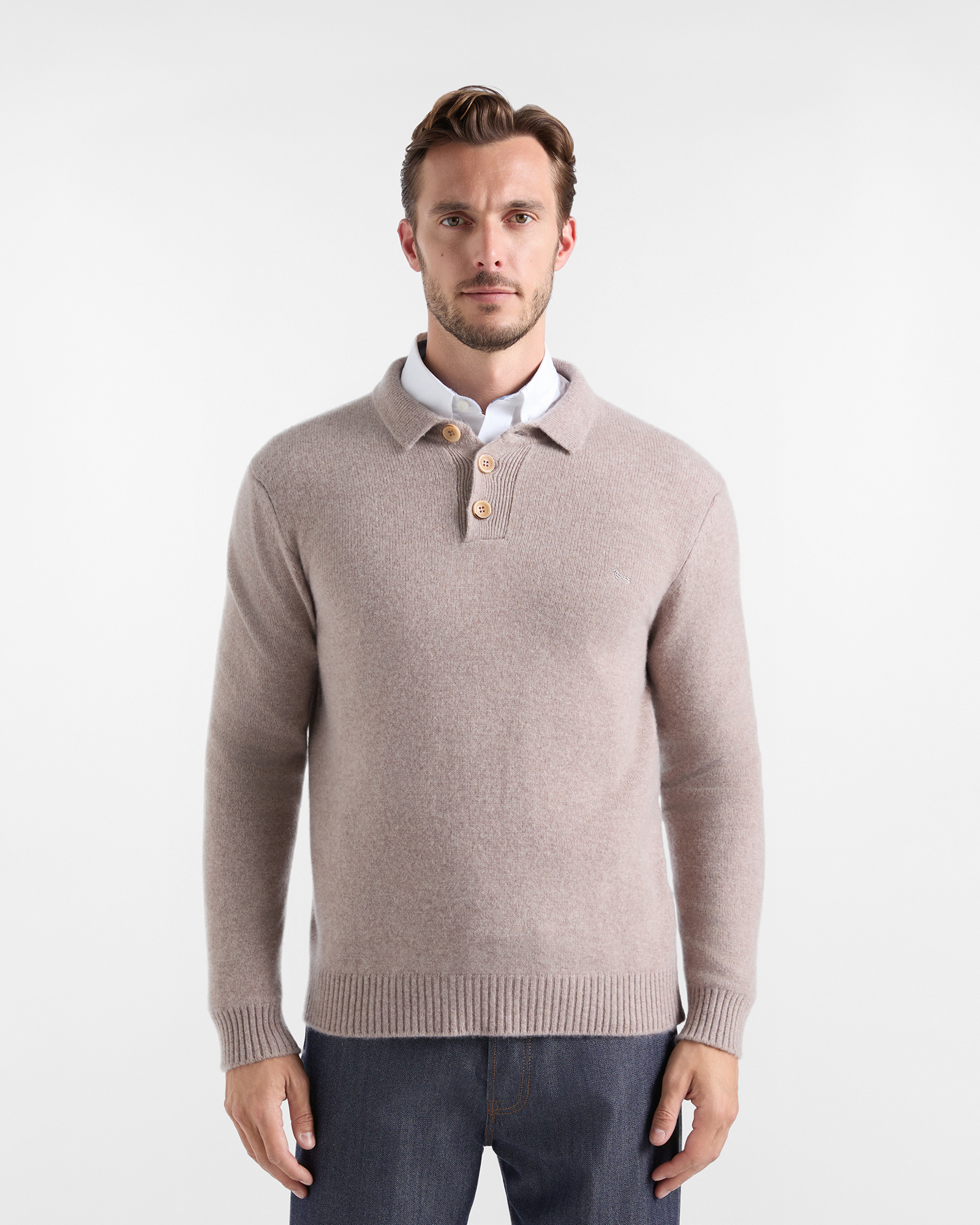 Men's Made in Italy buttoned polo shirt collar sweater in beige 100% pure cashmere with regular fit