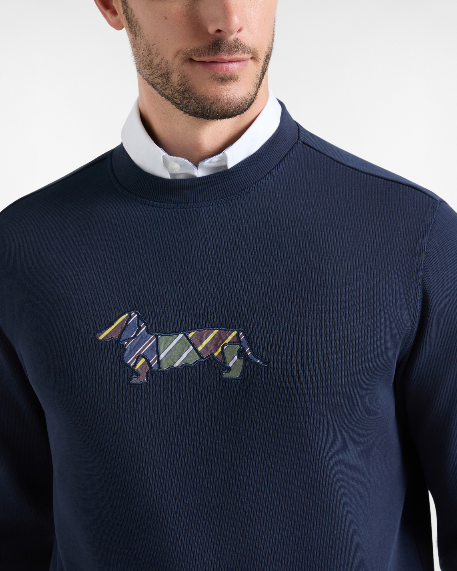 Men's blue ribbed cotton crewneck sweatshirt with regimental patch, NAVY BLUE, large