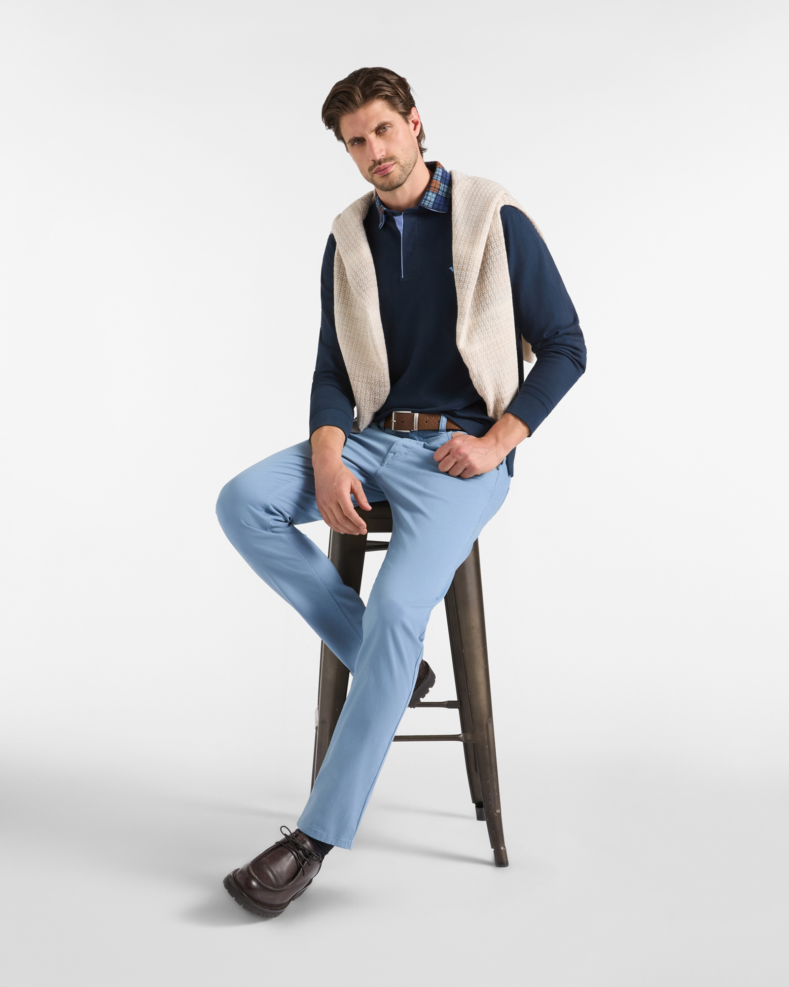 Polo da uomo manica lunga in jersey brushed di 100% puro cotone blu, BLU NAVY, large
