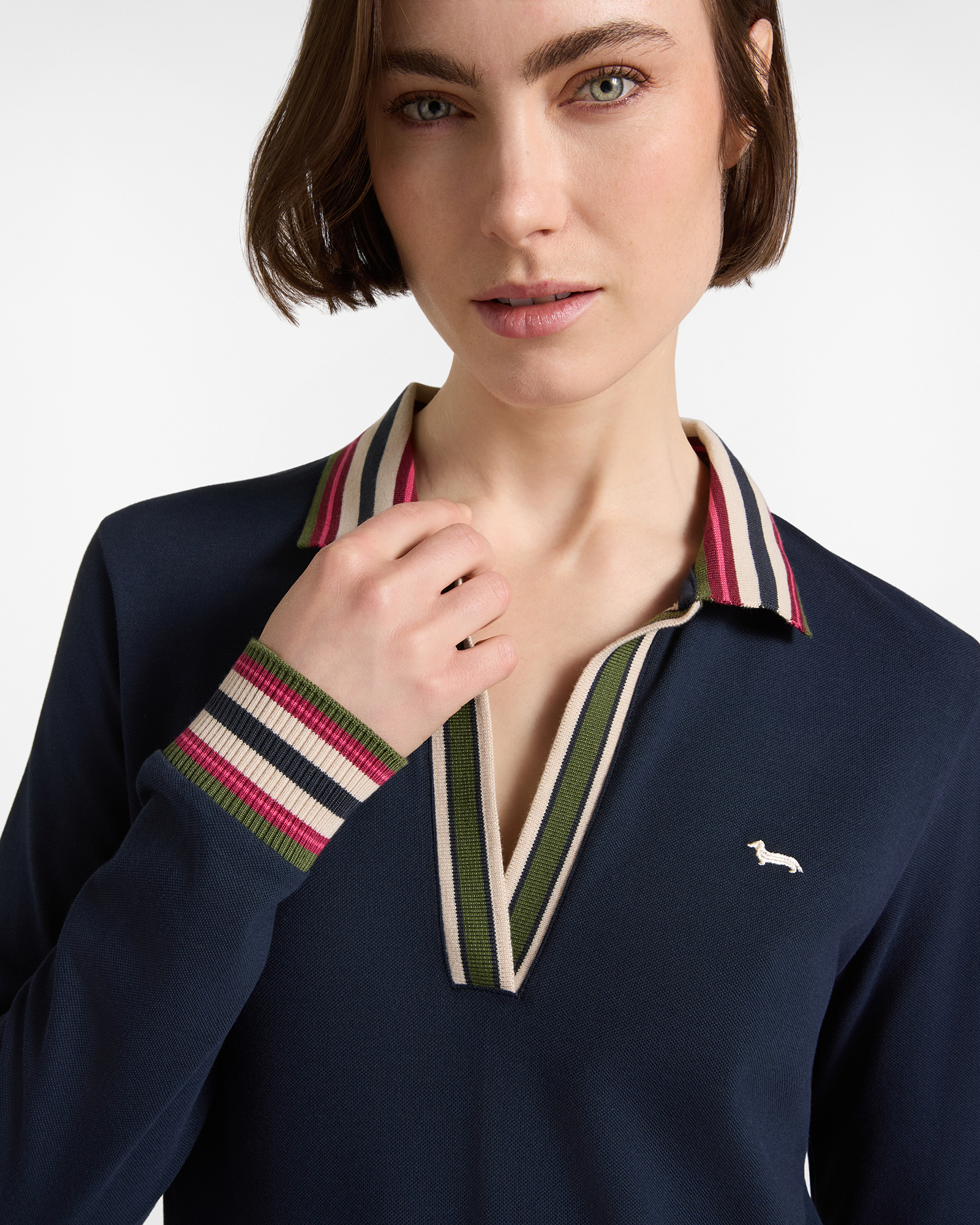 Polo para mujer de manga larga con escote en V de algod&oacute;n el&aacute;stico, AZUL, large