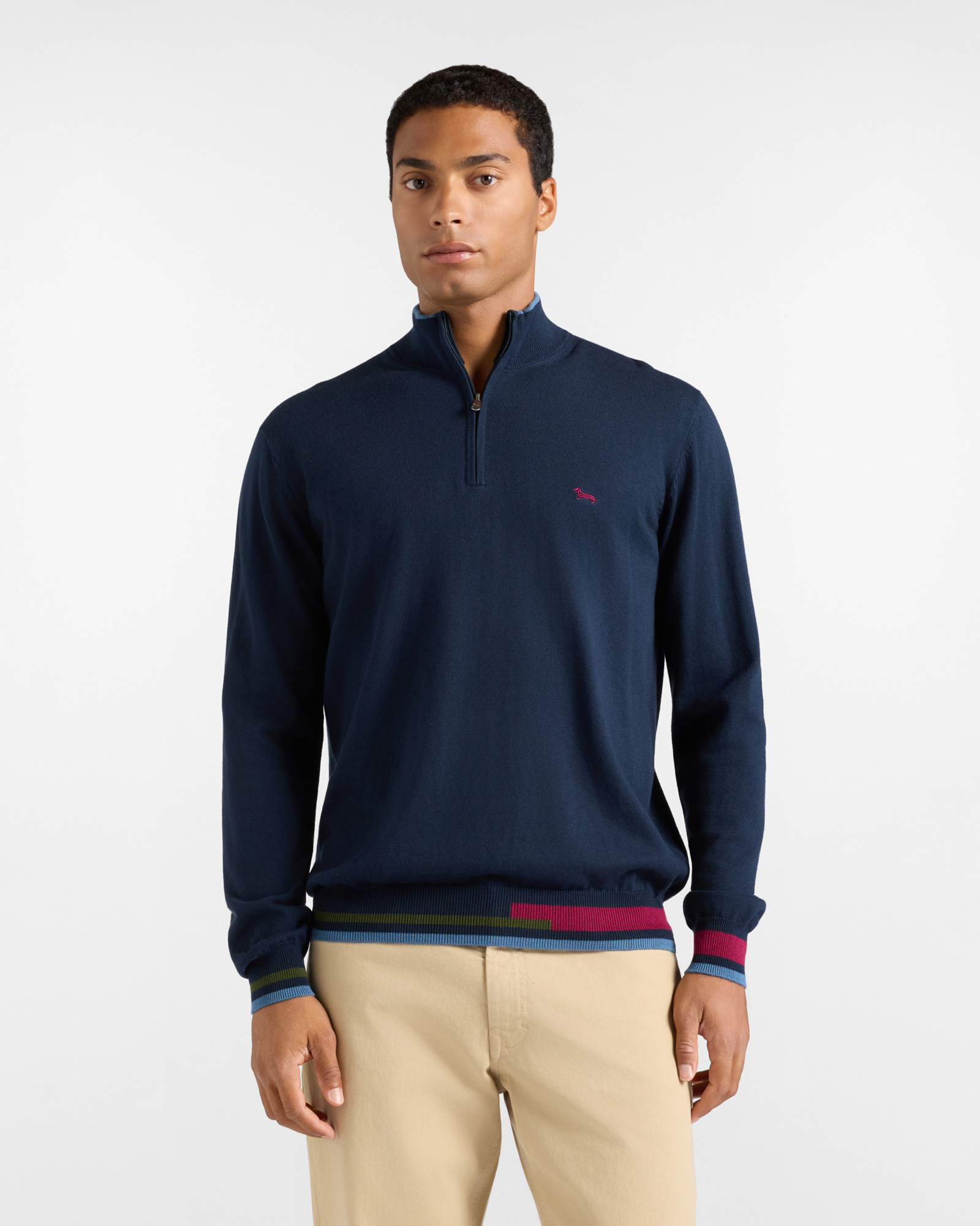Men's regular fit sweater with half-zip stand-up collar in a blue wool and cotton blend