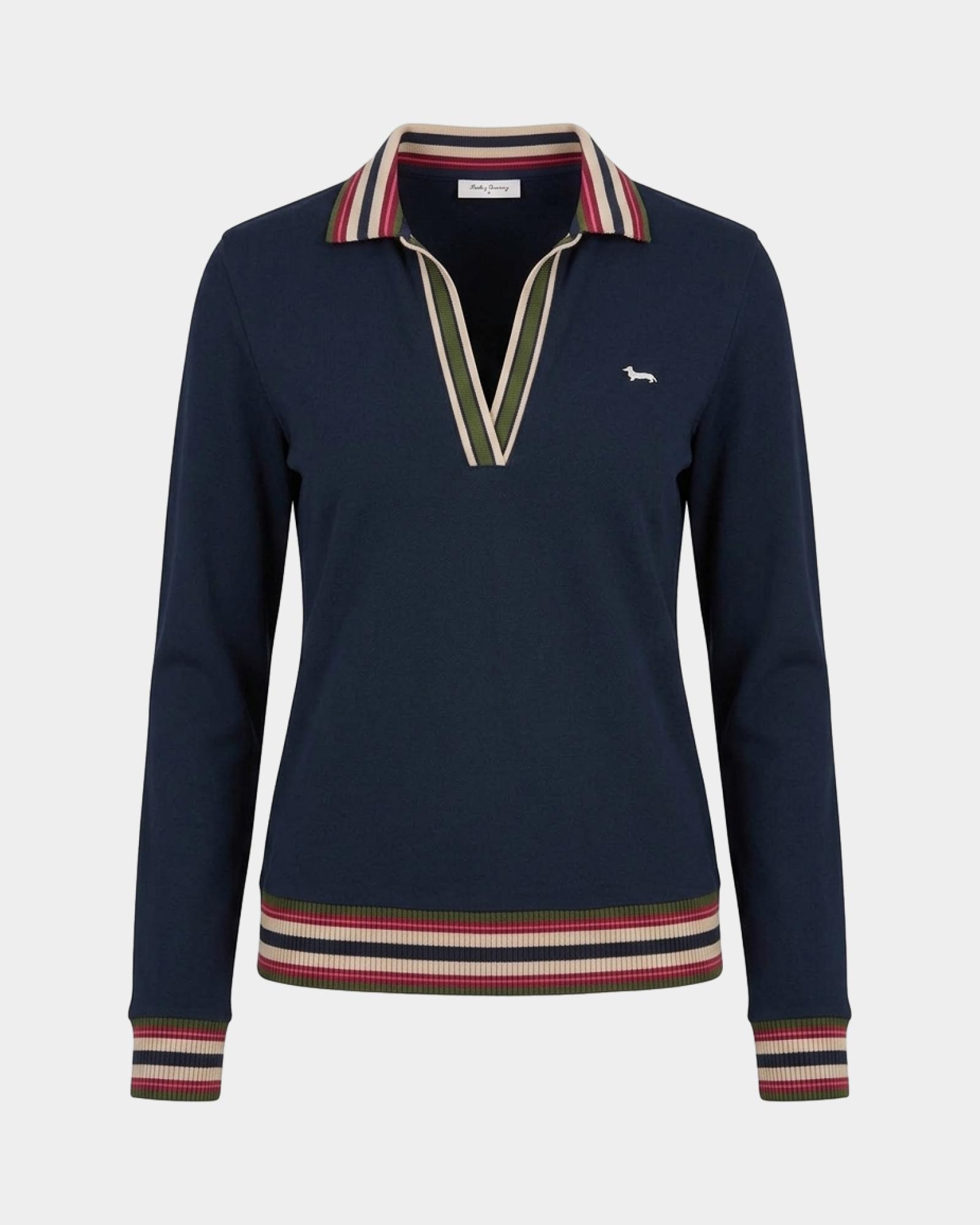 Polo para mujer de manga larga con escote en V de algod&oacute;n el&aacute;stico, AZUL, large