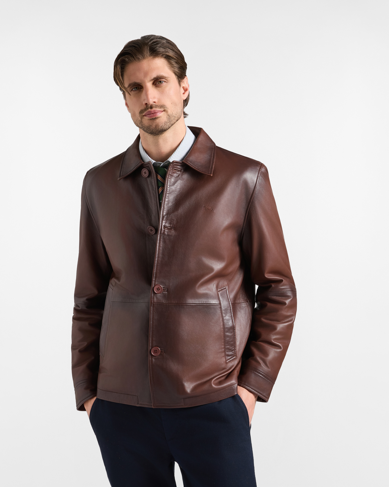 Men's field jacket in brown genuine leather