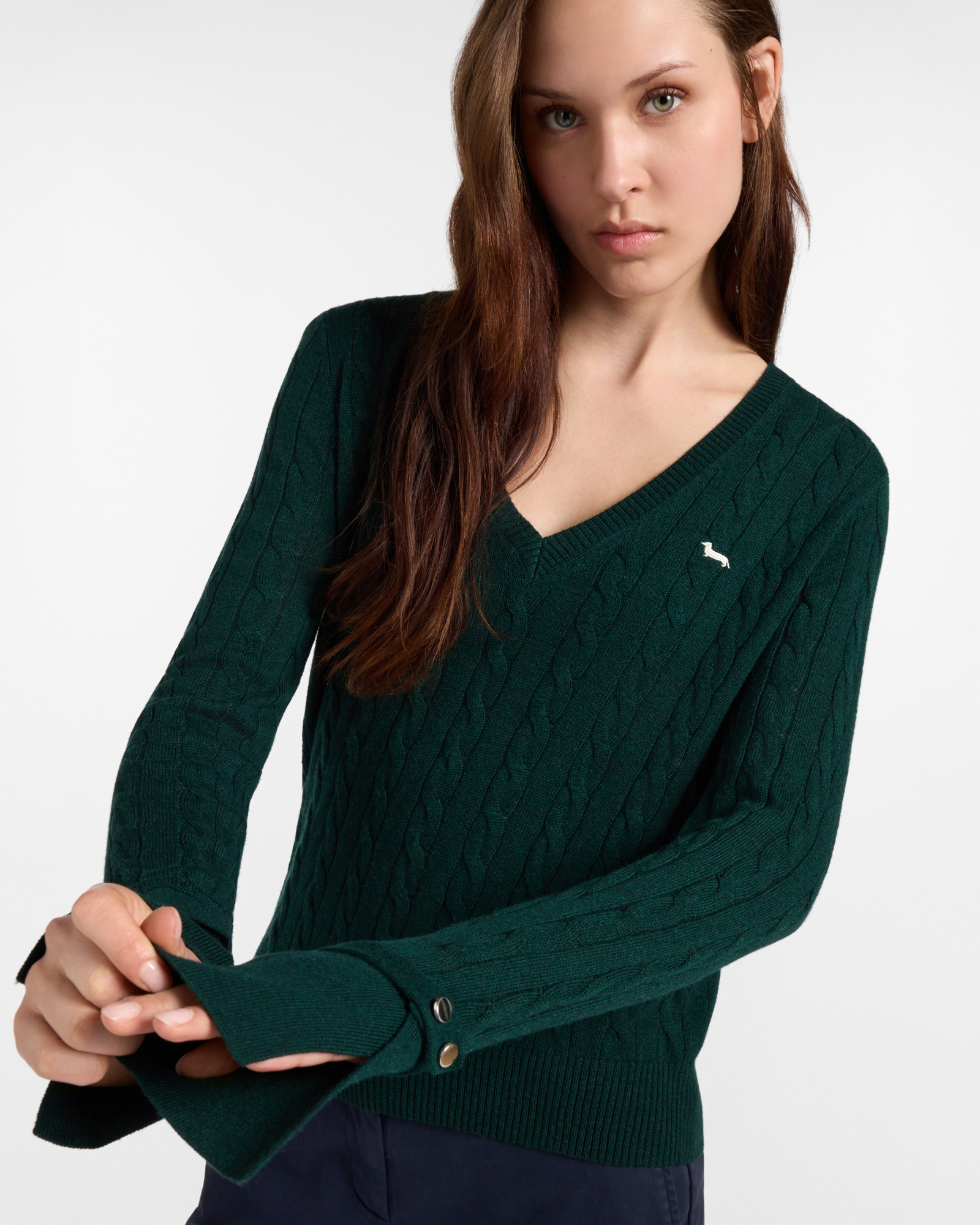 Women's regular fit V-neck sweater in  wool blend with cashmere, GREEN, large