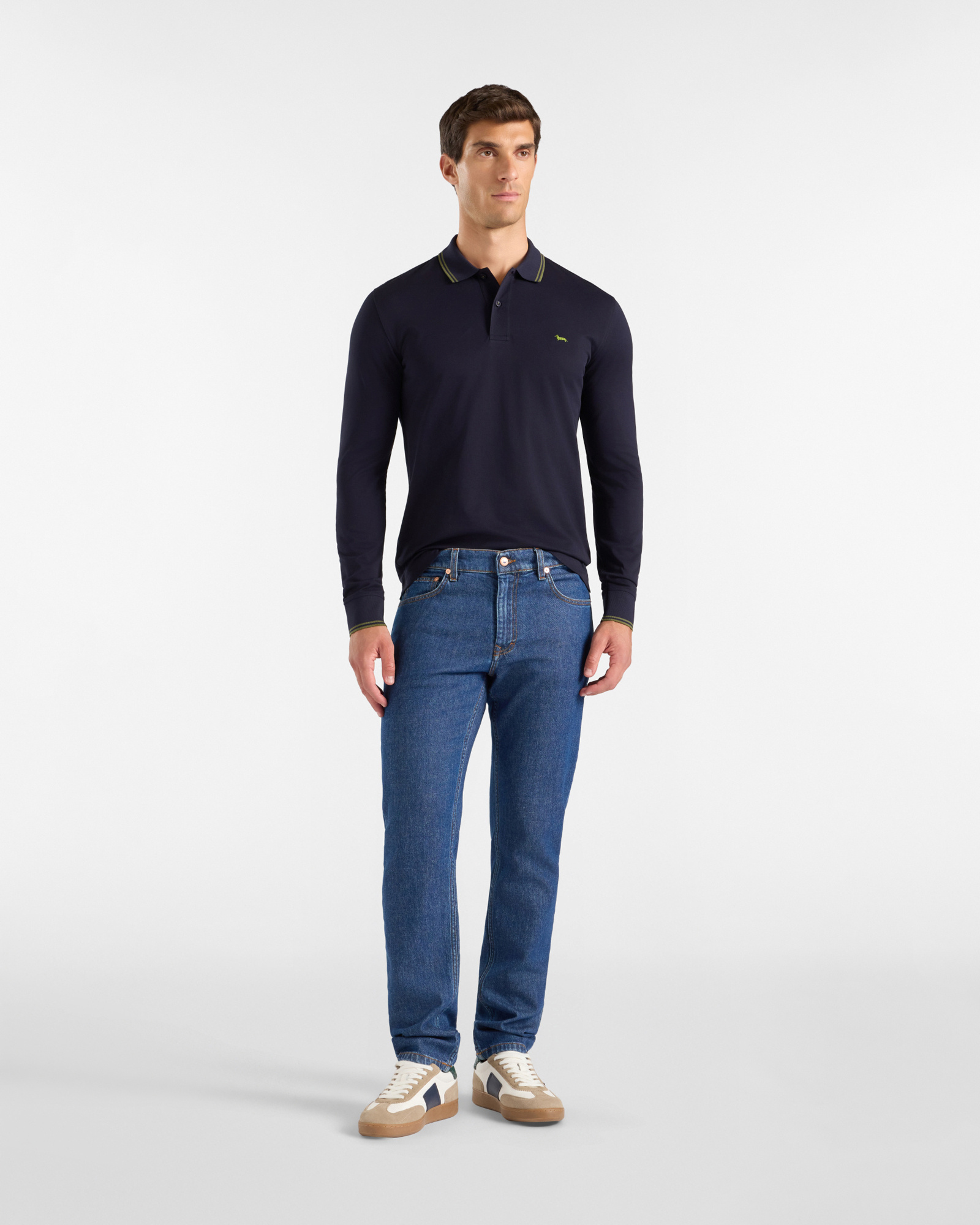 Polo da uomo manica lunga in piquet di 100% puro cotone, BLU NAVY, large