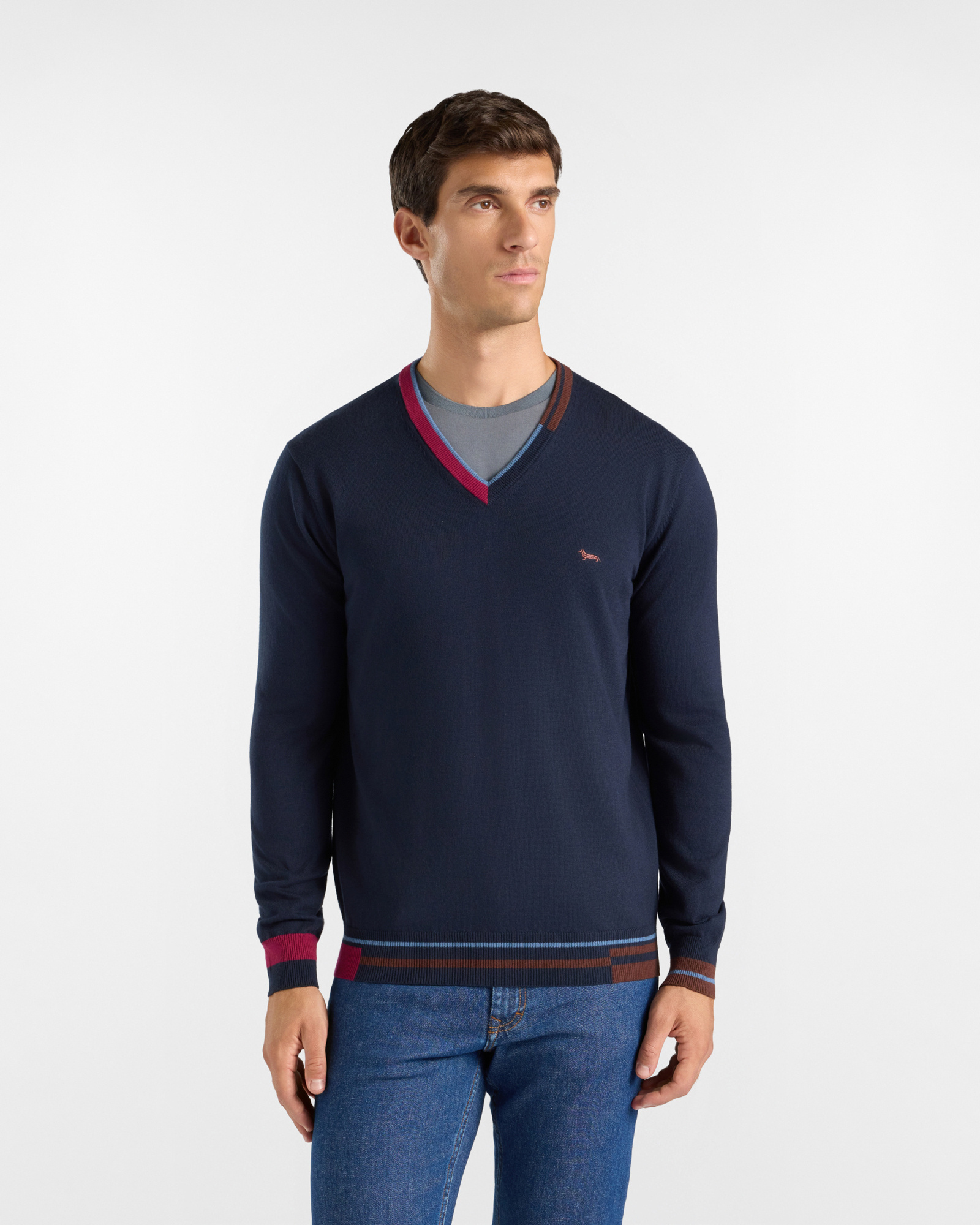 Jersey Hombre con cuello de pico en mezcla de lana y algod&oacute;n color azul Regular Fit