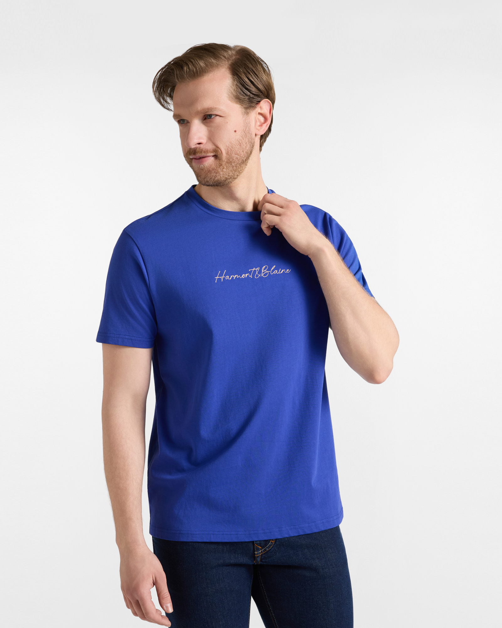 Men's regular-fit blue T-shirt in 100% pure cotton