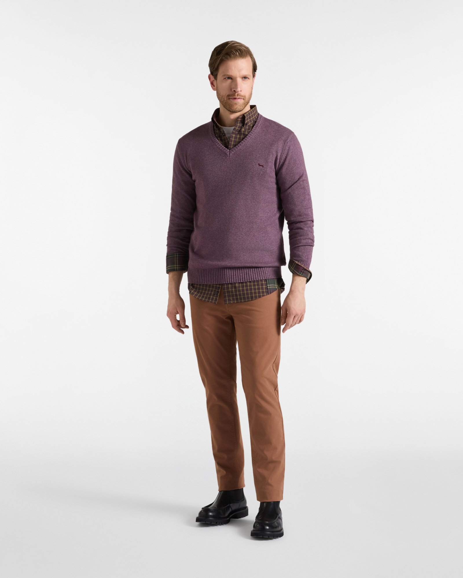 Men's Made in Italy regular fit V-neck sweater in wool blend, DARK PURPLE, large