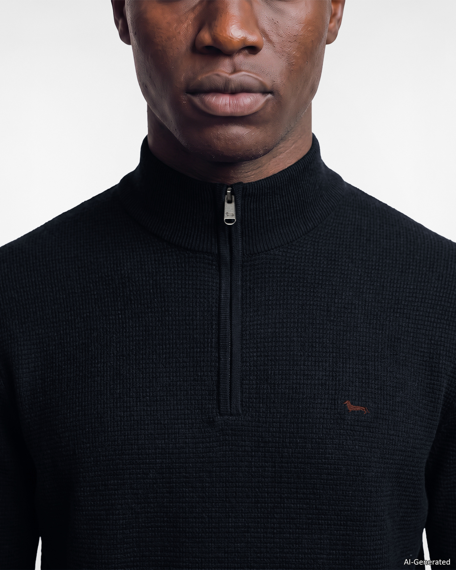 Men's regular fit sweater with half-zip stand-up collar in wool and cotton blend, NAVY BLUE, large