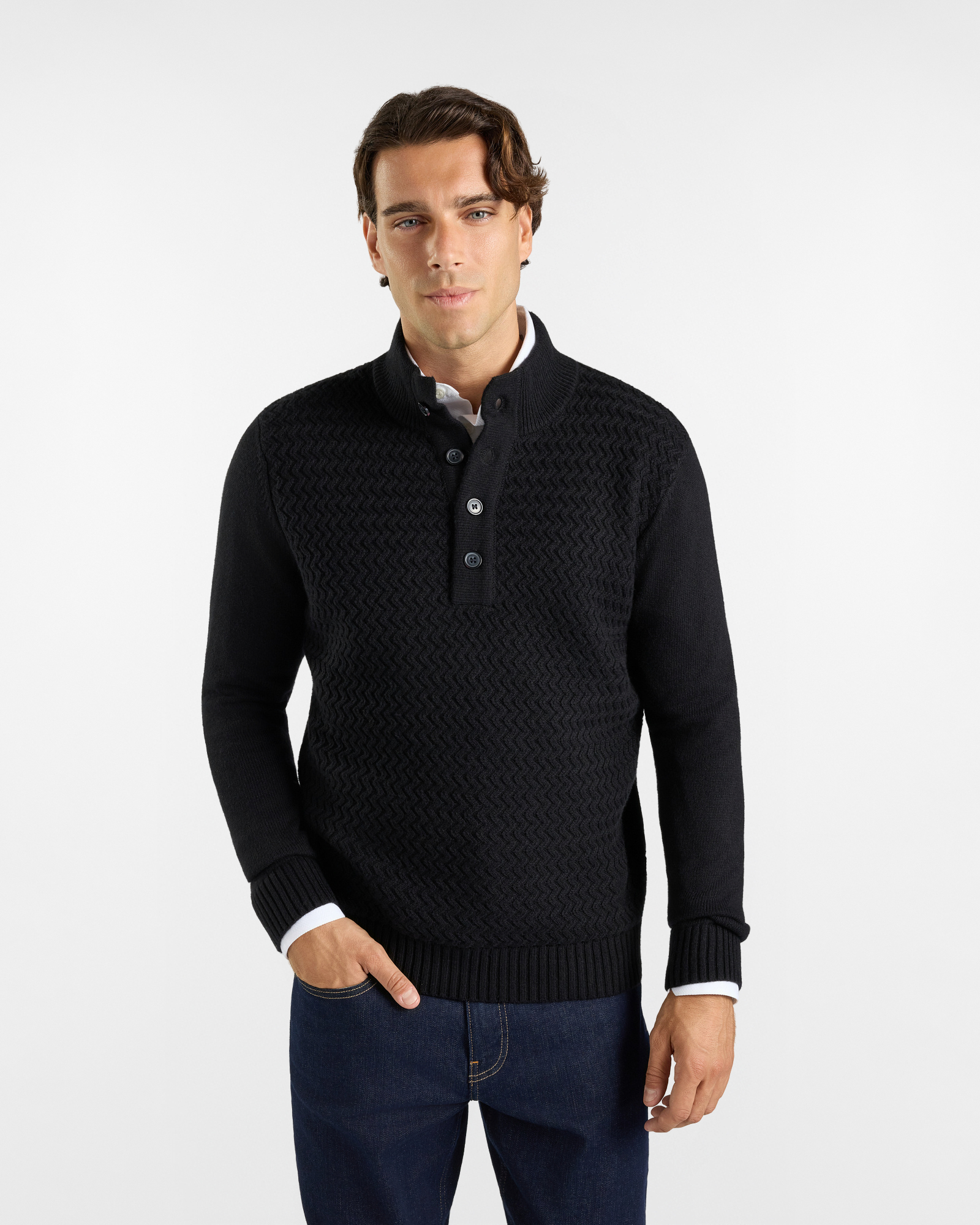 HBJ Men&rsquo;s High-Neck Jumper with Faux Button Placket in Black Mohair Blend