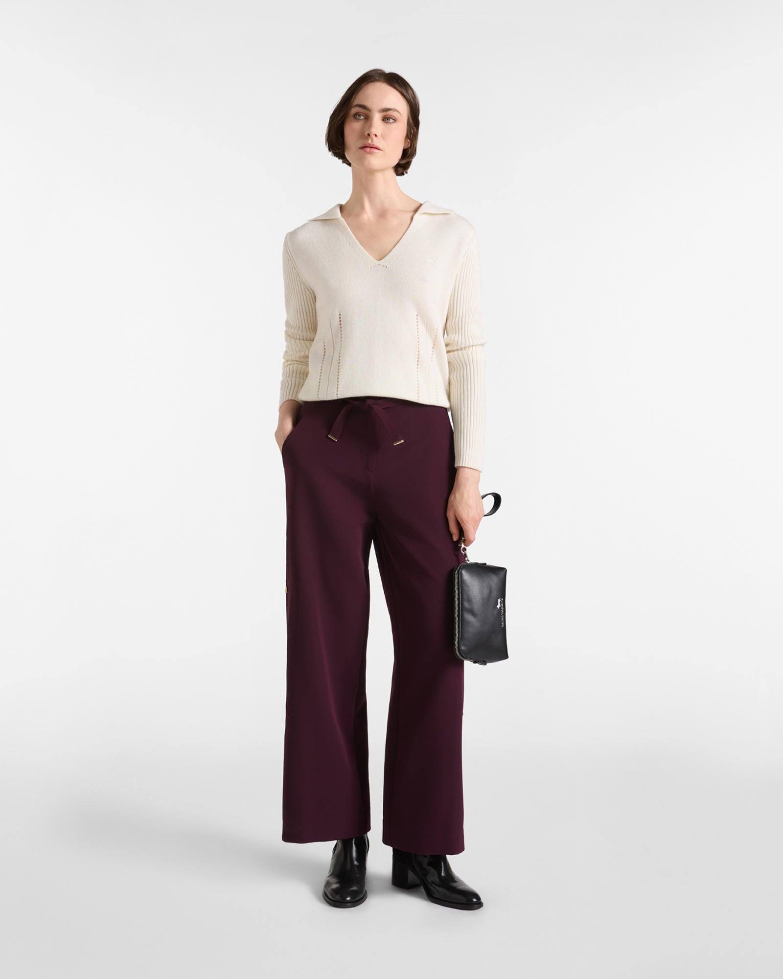 Maglia Donna con colletto polo in misto lana con cachemire, BIANCO, large