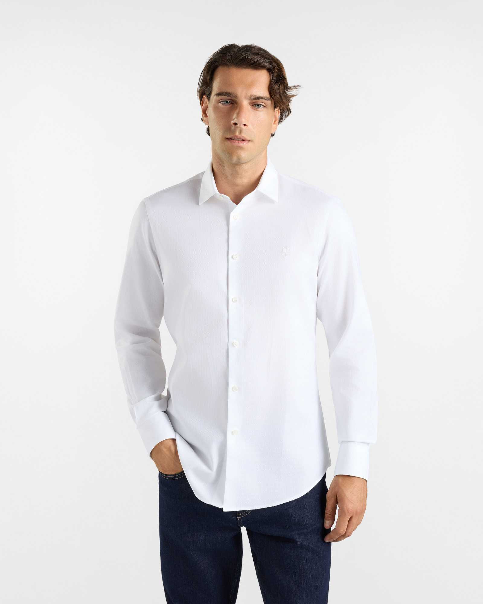 Camicia HBJ Uomo Narrow Fit in puro cotone bianco con collo piccolo