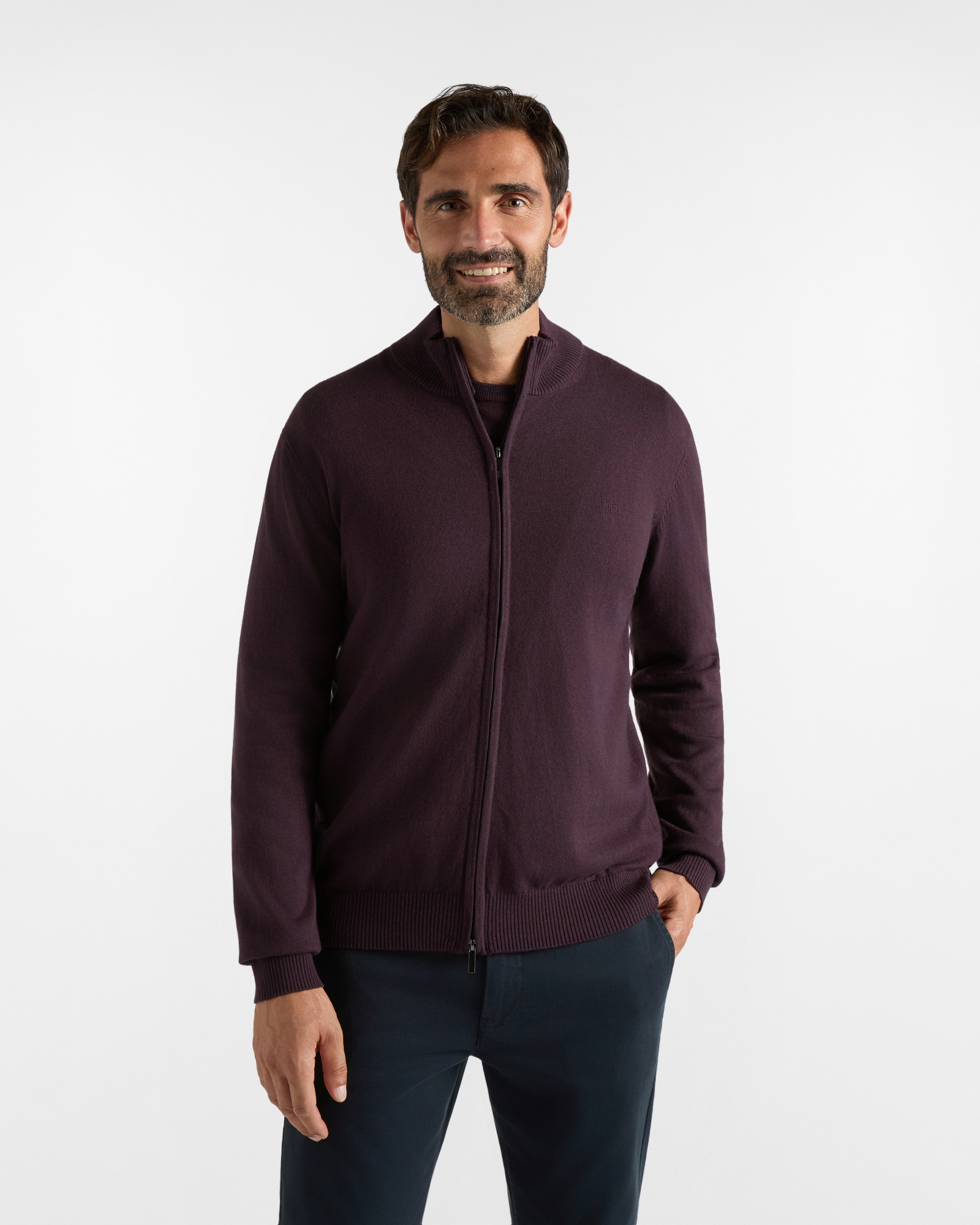 Maglia HBJ Uomo Full Zip in Misto Lana e Cashmere Prugna