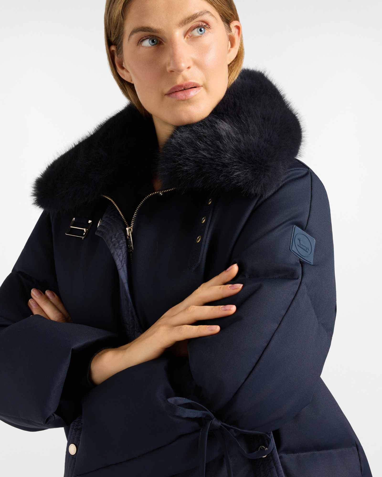 Piumino Donna over in lana tecnica con imbottitura in piuma, BLU NAVY, large