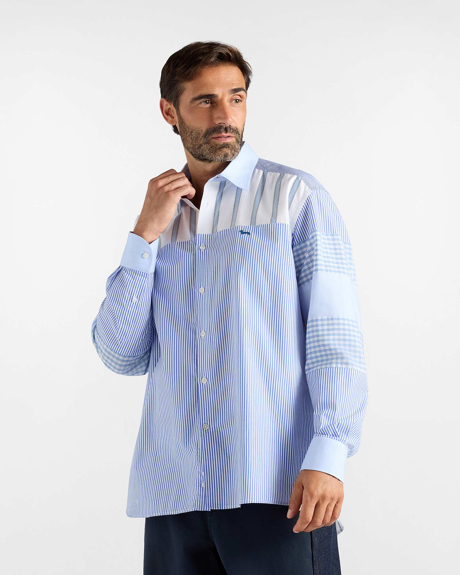 Re-Worked Men&rsquo;s Shirt in Pure Sky Blue and White Cotton from the Re-Loved Capsule Collection, Made in Italy