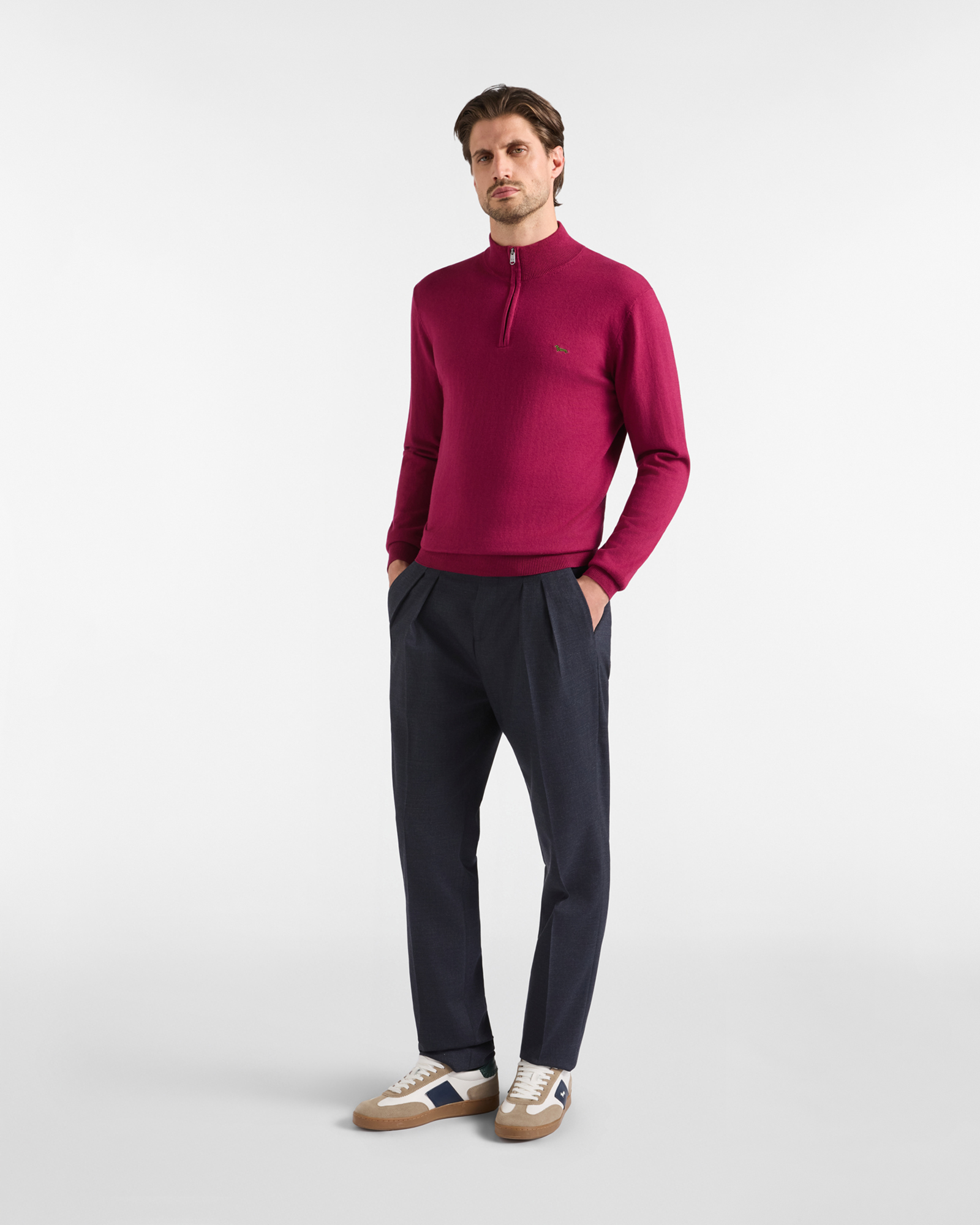 Men's regular fit sweater with half-zip stand-up collar in a  wool and cotton blend, INDIAN ROSE, large